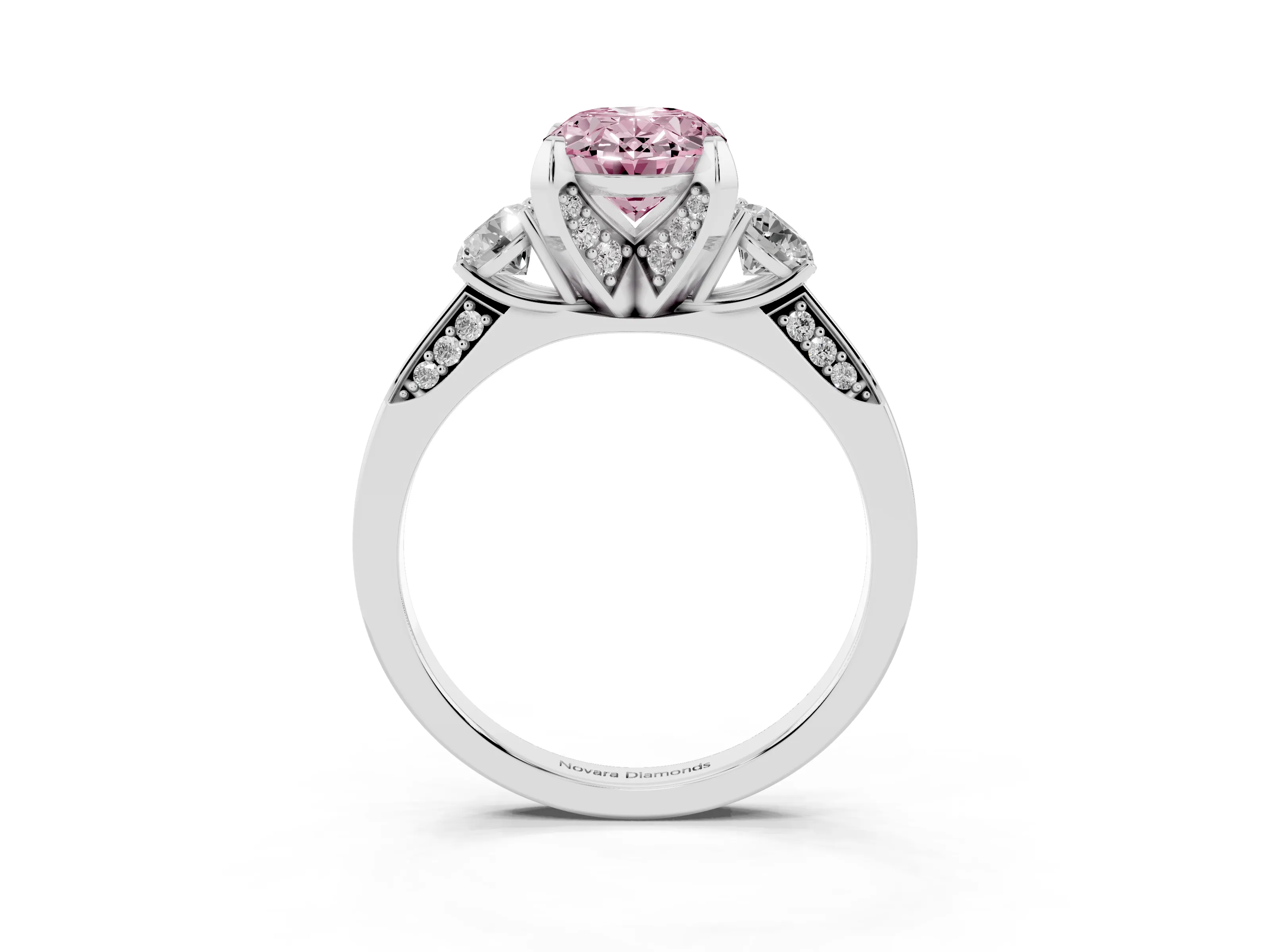 Fancy Pink Oval Cut Diamond Three-Stone Ring Set in Silver with Pavé Band and Smaller Side Stones