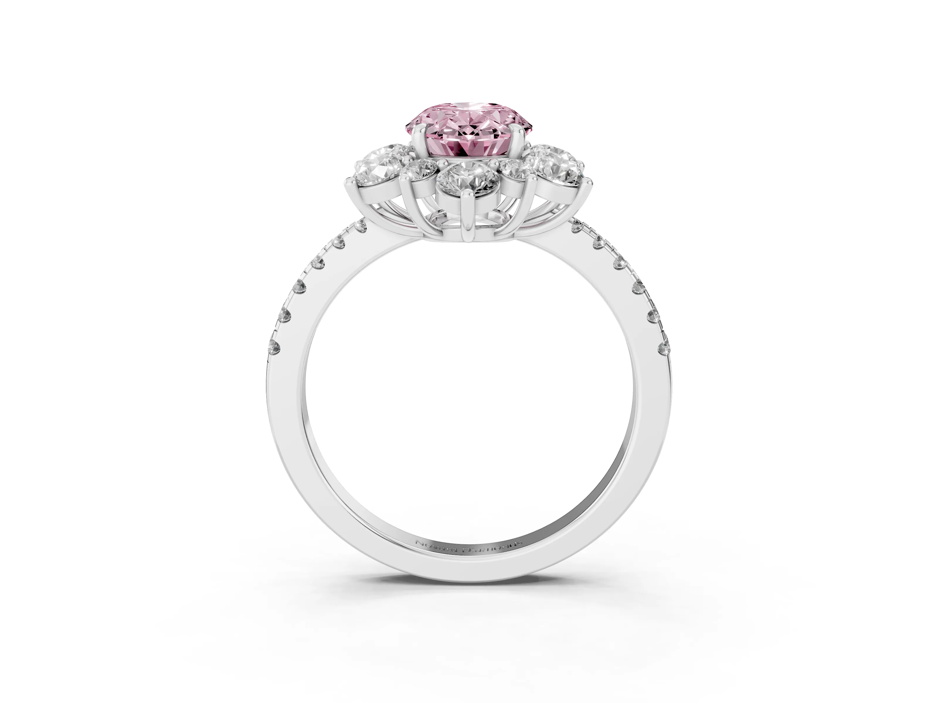 Fancy Pink Oval Cut Diamond Floral Halo Ring Set in Platinum with Round Pavé Band and Prong Setting