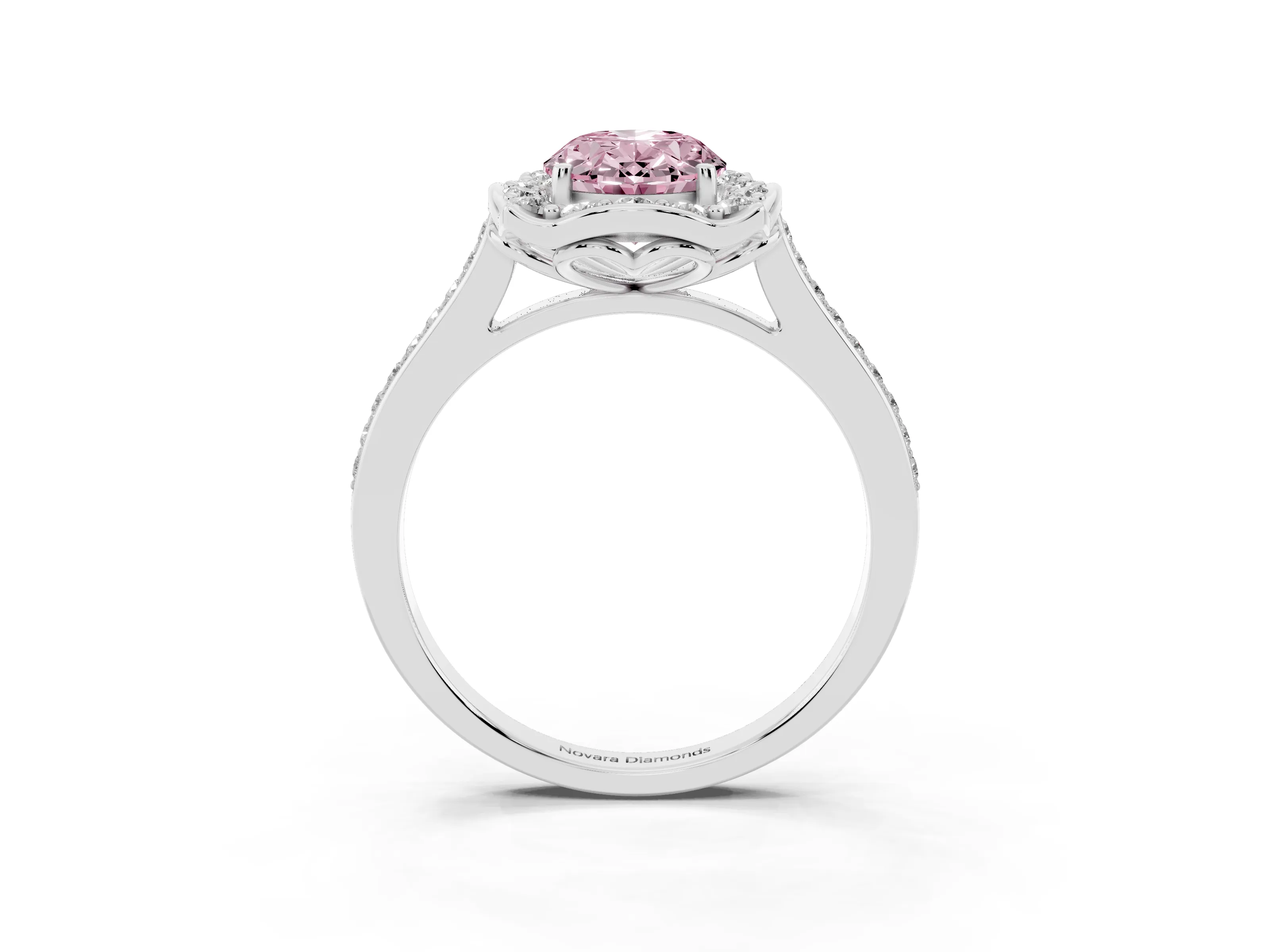 Fancy Pink Oval Cut Diamond Halo Ring Set in Silver with Pavé-Lined Shoulders and Prong Setting
