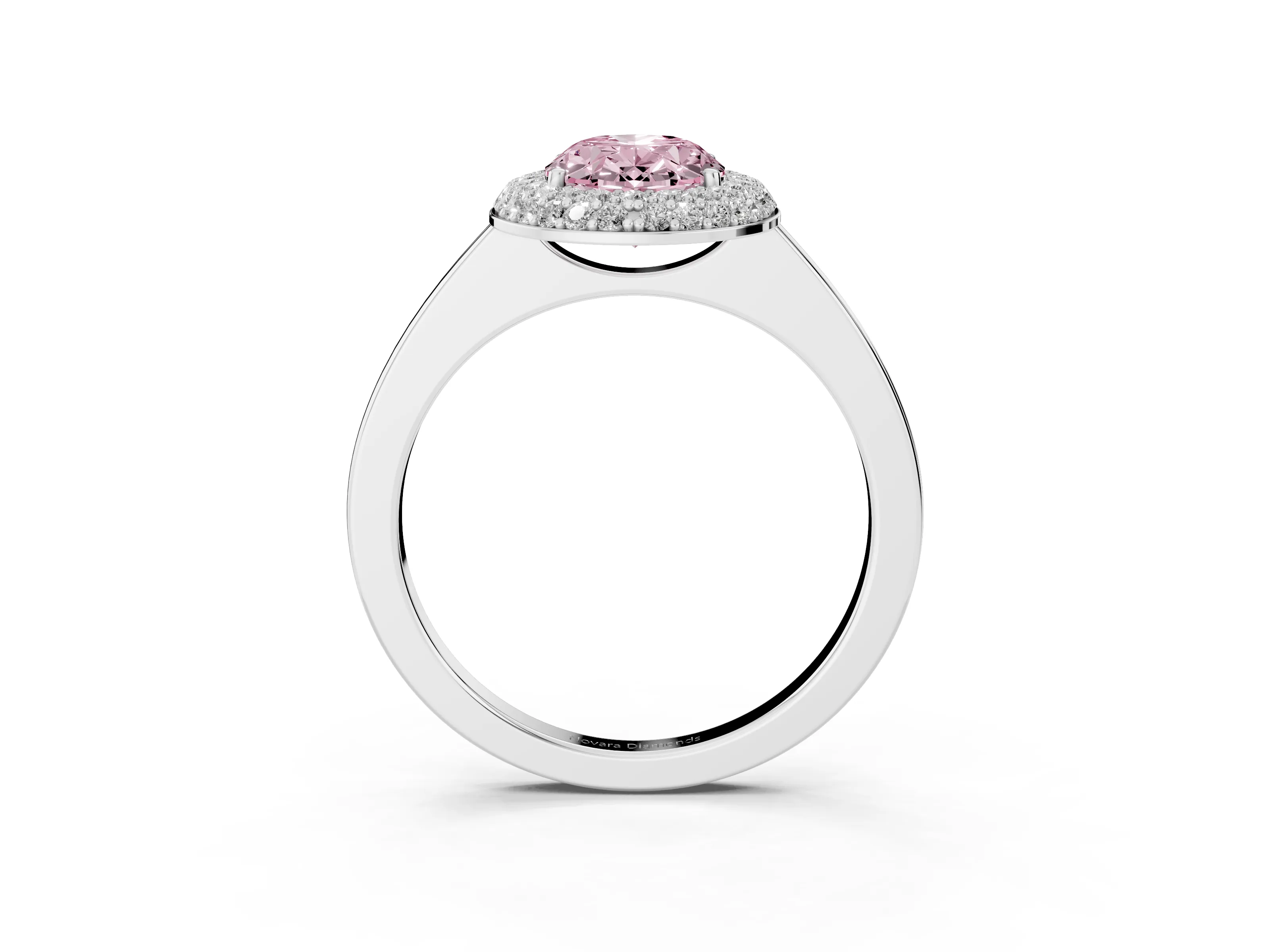 Fancy Pink Oval Cut Diamond Halo Engagement Ring Set in White gold with Solitaire Band and Prong Setting