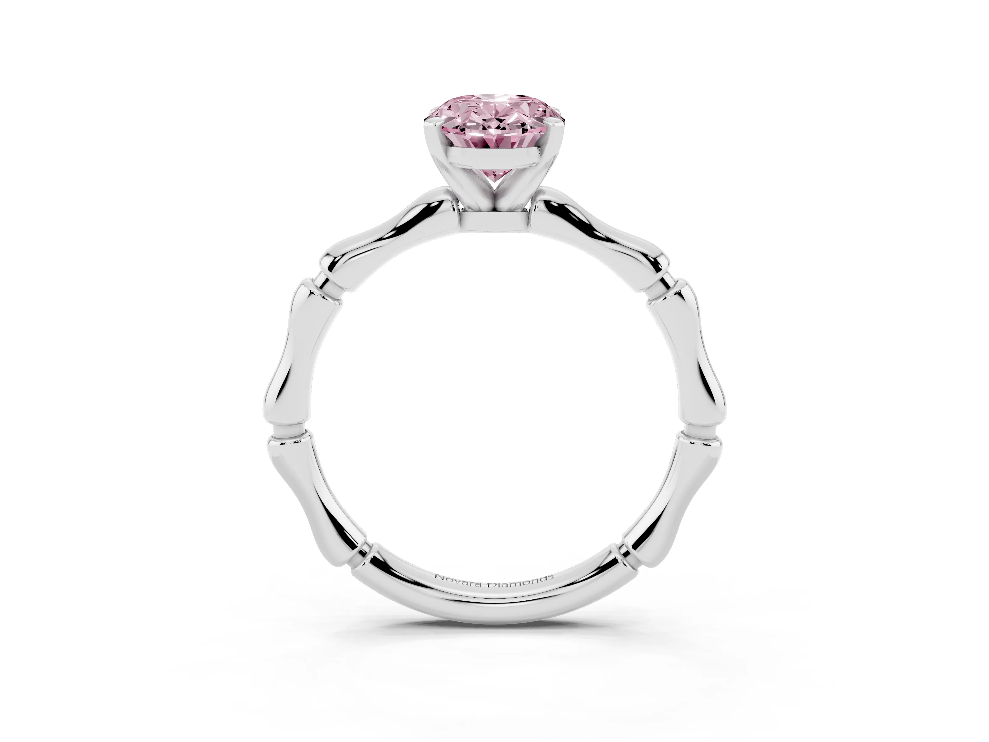 Fancy Pink Oval Cut Diamond Solitaire Ring Set in Platinum with Bamboo Band and Prong Setting