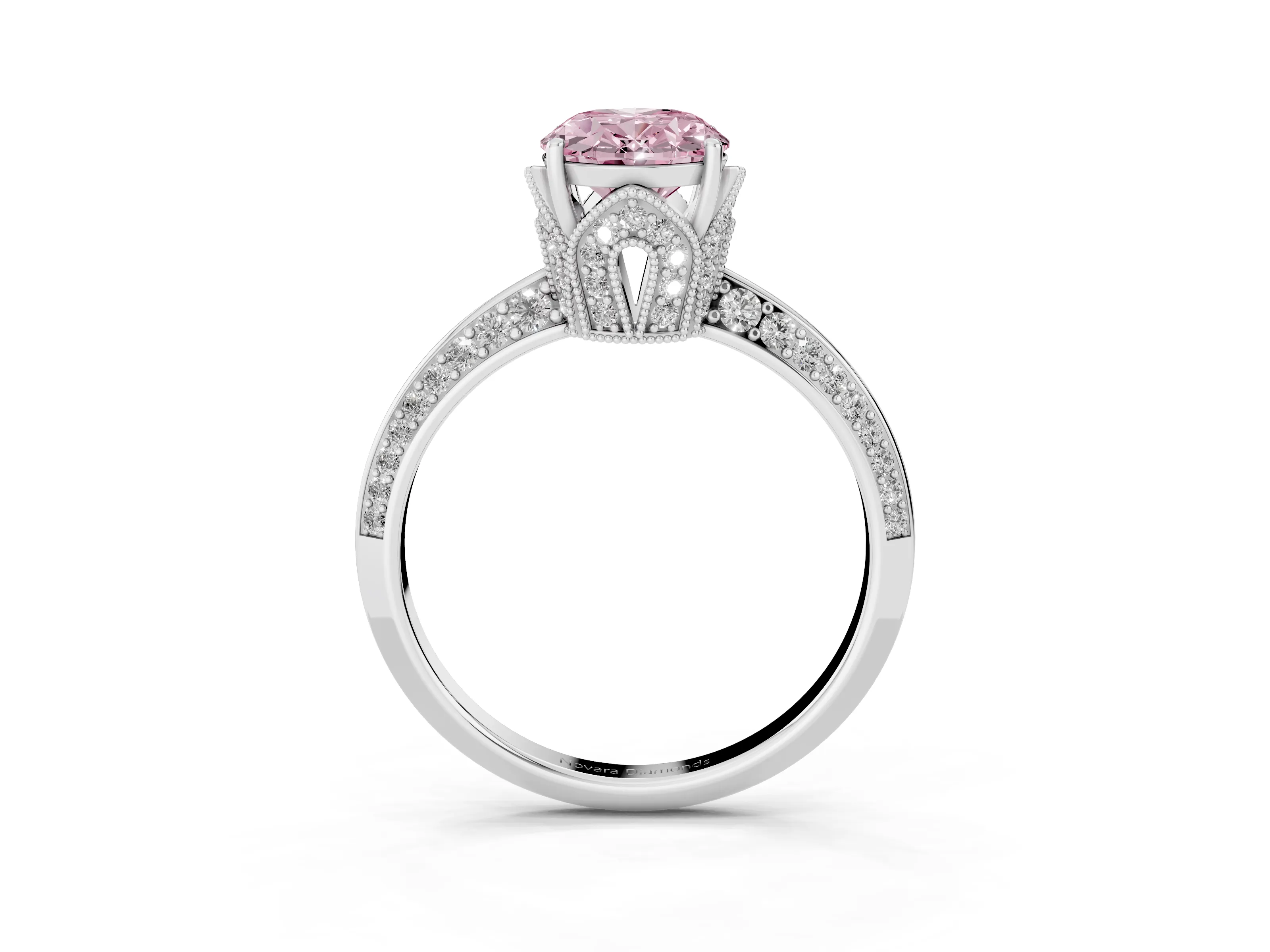Fancy Pink Oval Cut Diamond Solitaire Engagement Ring Set in Platinum with Pavé Split Shank and Prong Setting