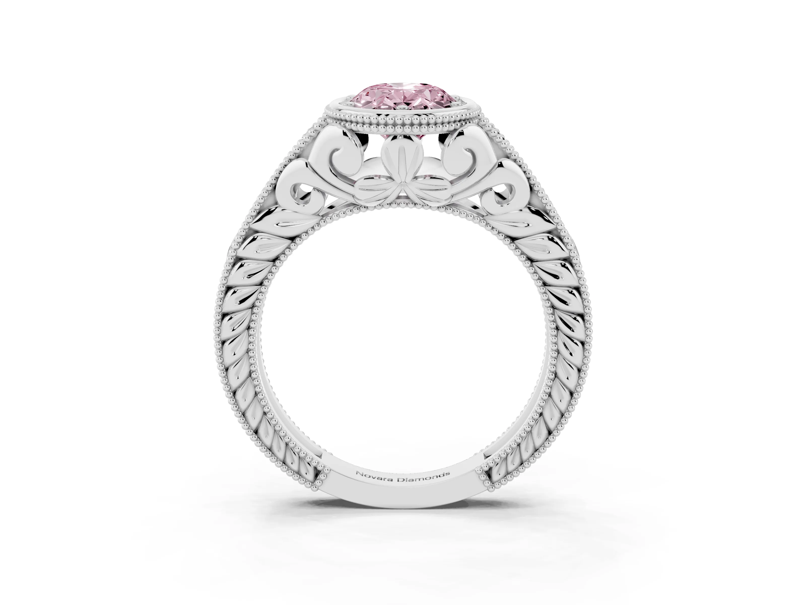 Fancy Pink Bezel Set Oval Cut Diamond Milgrain Pavé Engagement Ring Set in White gold