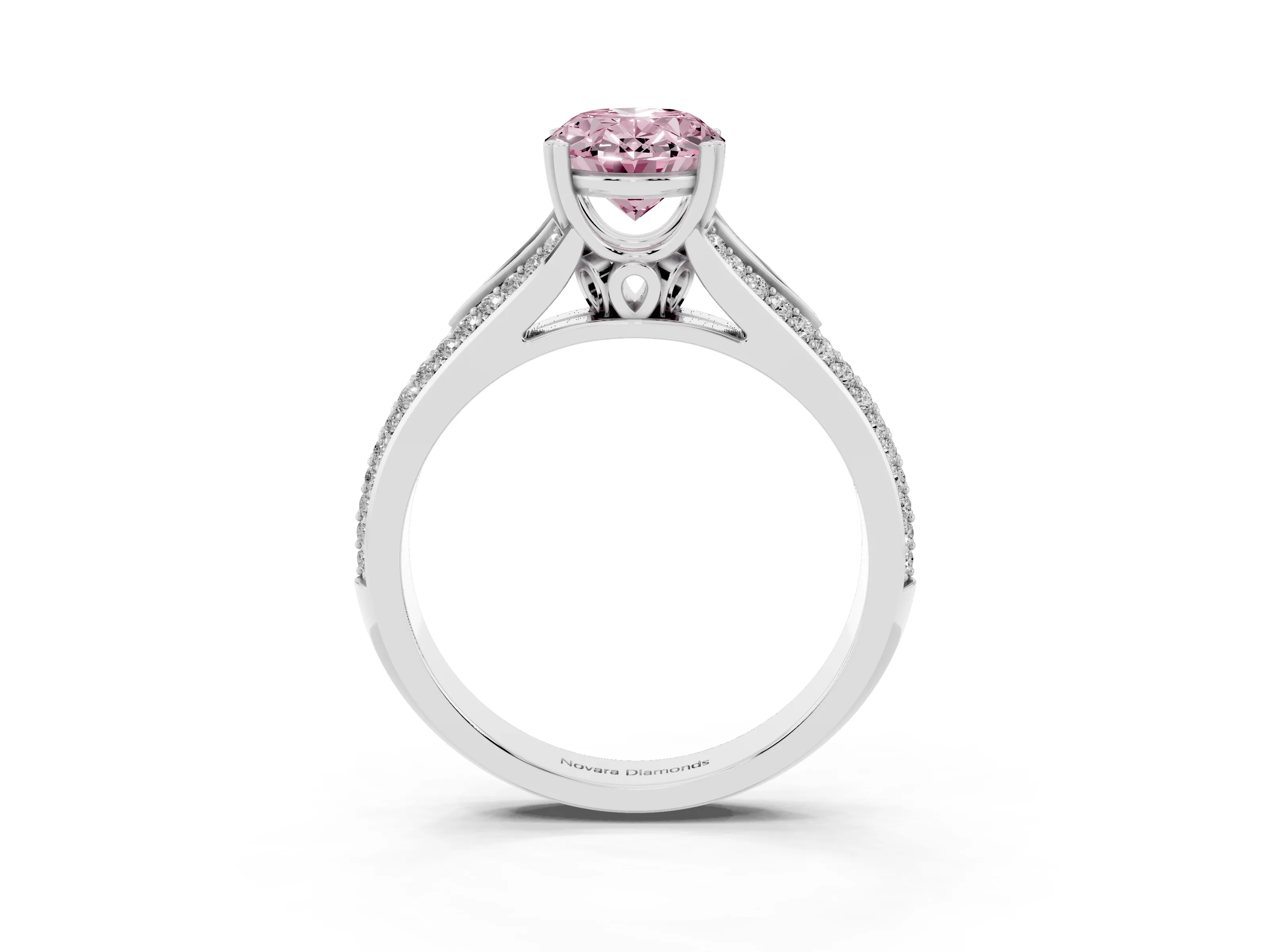 Fancy Pink Oval Cut Diamond Split Shank Pavé Engagement Ring Set in White gold with Prong-Set Center Stone
