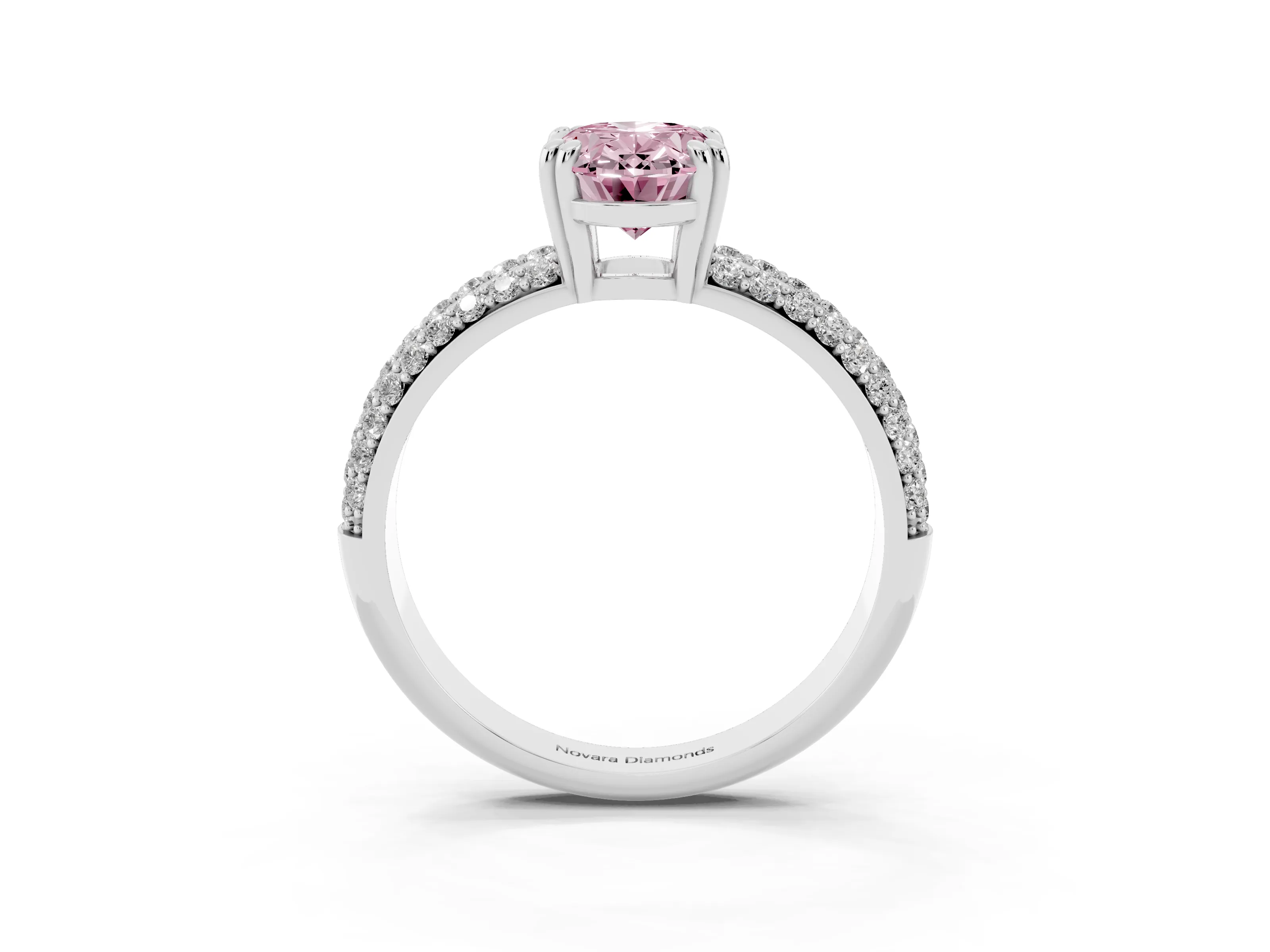 Fancy Pink Oval Cut Diamond Solitaire Ring Set in Platinum with Multi-Row Round Pavé Band and Prong Setting
