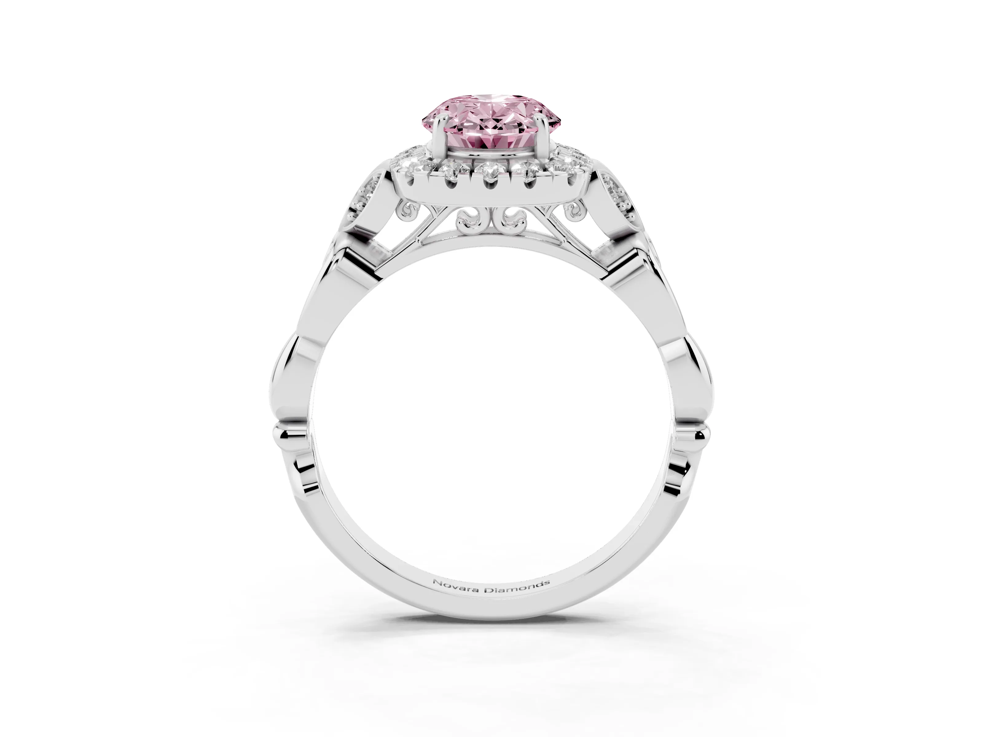 Fancy Pink Oval Cut Diamond Halo Engagement Ring Set in White gold with Vintage-Inspired Band and Prong Setting