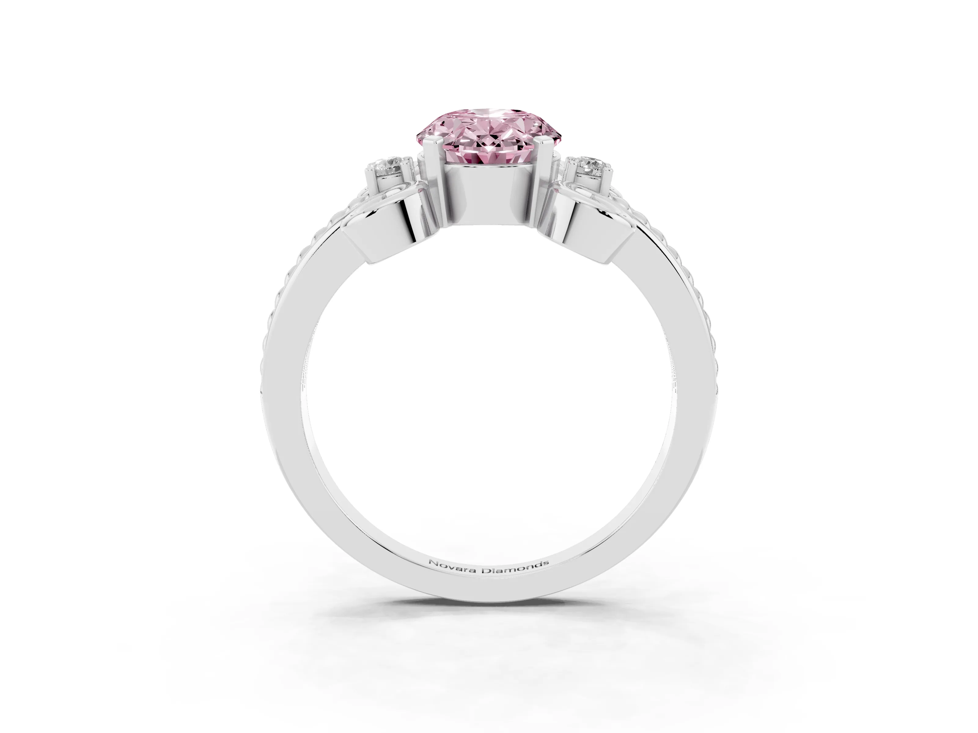 Fancy Pink Oval Cut Diamond Twisted Band Solitaire Ring Set in Platinum with Scroll Prongs