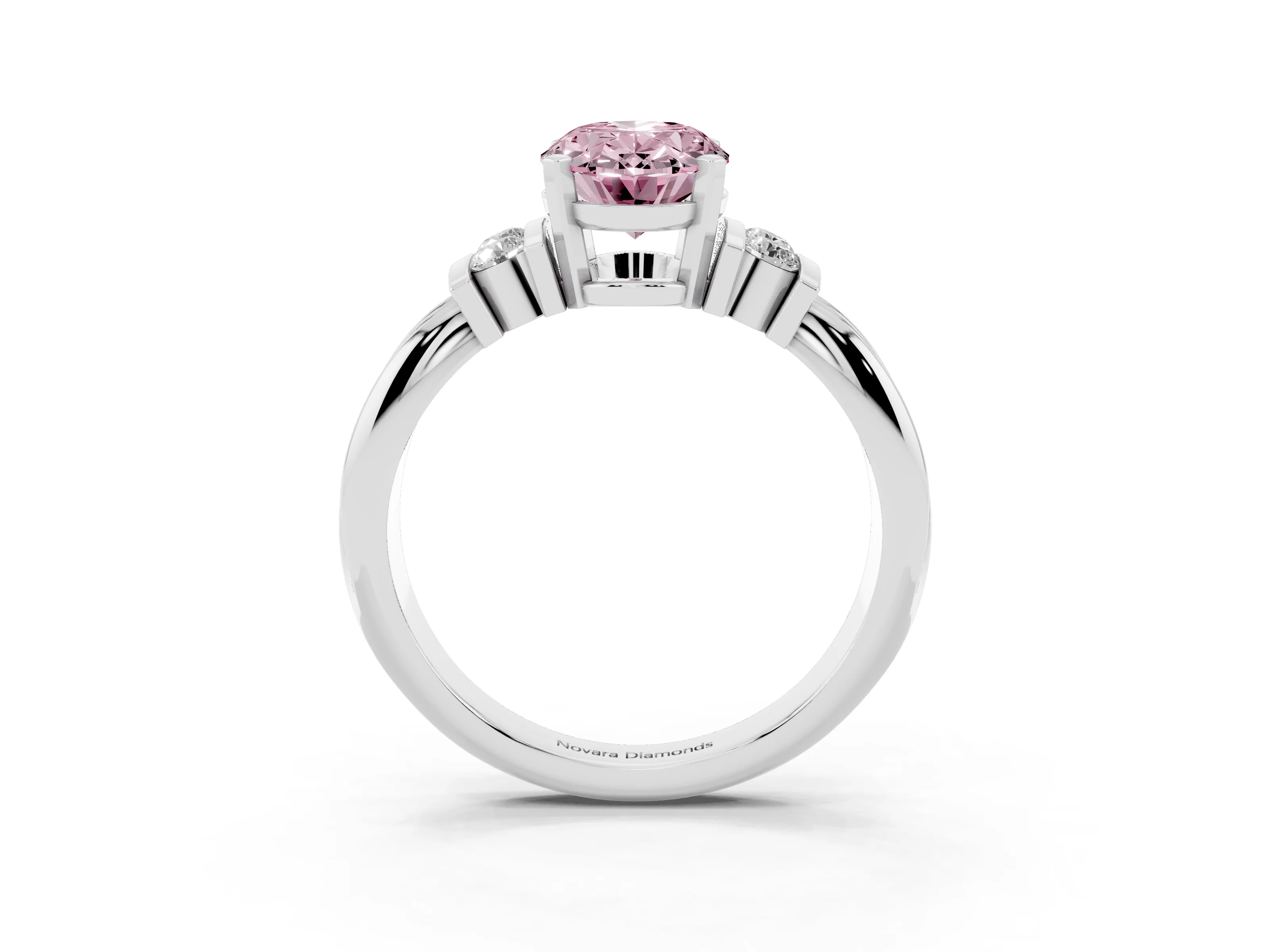 Fancy Pink Three-Stone Oval Cut Diamond Channel Set Ring Set in Platinum with Bar Prongs