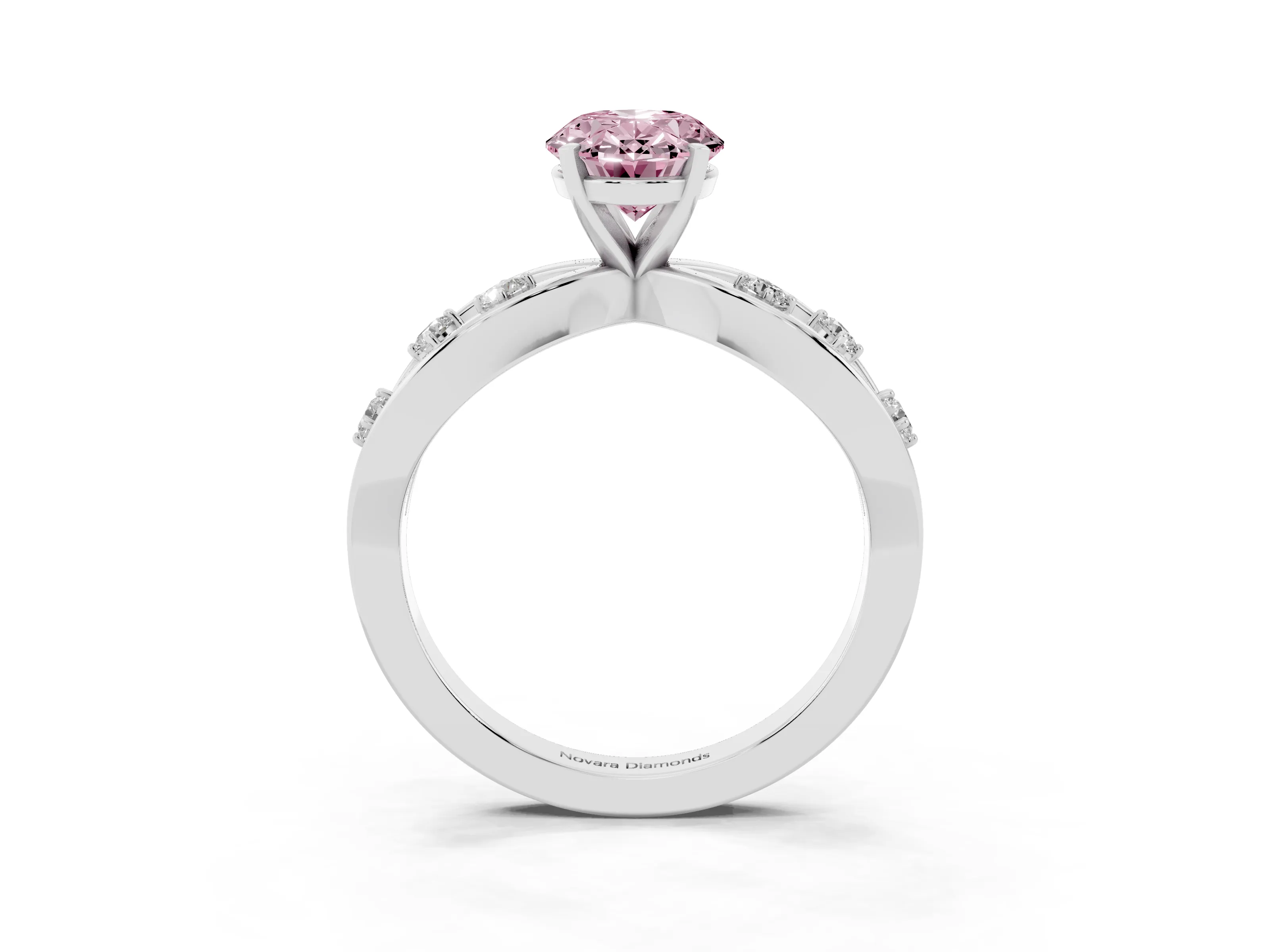 Fancy Pink Oval Cut Diamond Solitaire Ring Set in White gold with Side Stones on Criss-Cross Band and Prong Setting