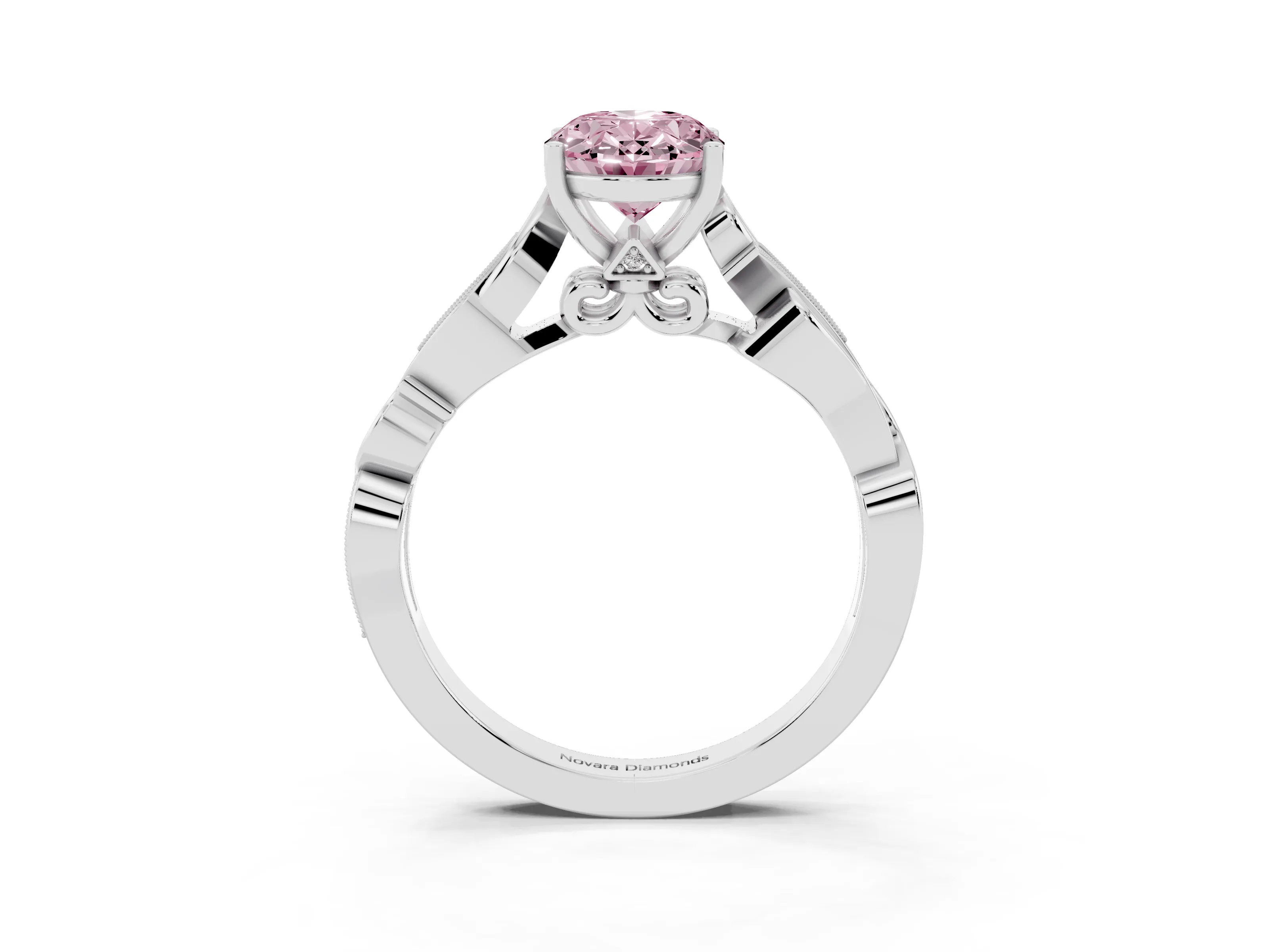Fancy Pink Oval Cut Diamond Vine Band Solitaire Ring Set in Silver with Milgrain Prong Setting
