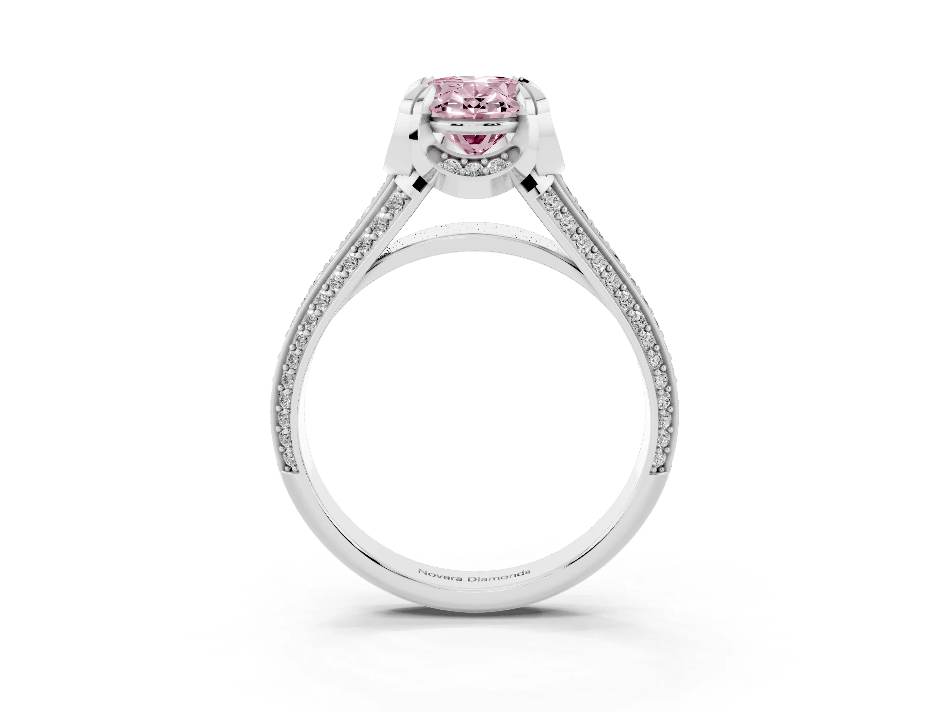 Fancy Pink Oval Cut Diamond Pavé Split Shank Solitaire Ring Set in Platinum with Prong Setting