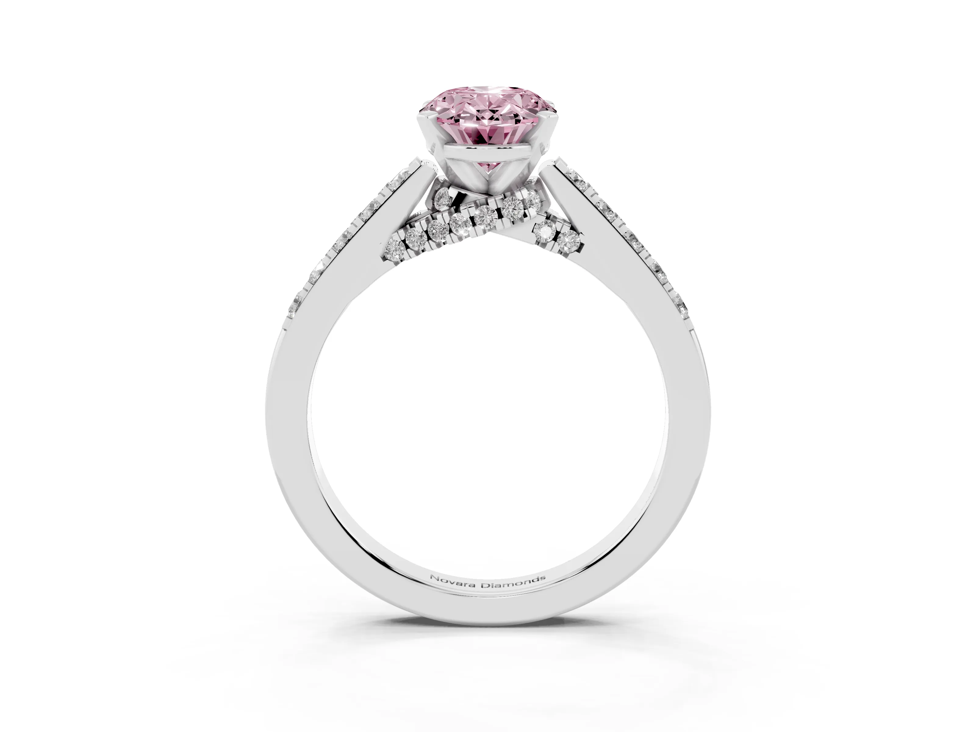 Fancy Pink Oval Cut Diamond Solitaire Ring Set in Platinum with Crossover Gallery and Round Pavé Band