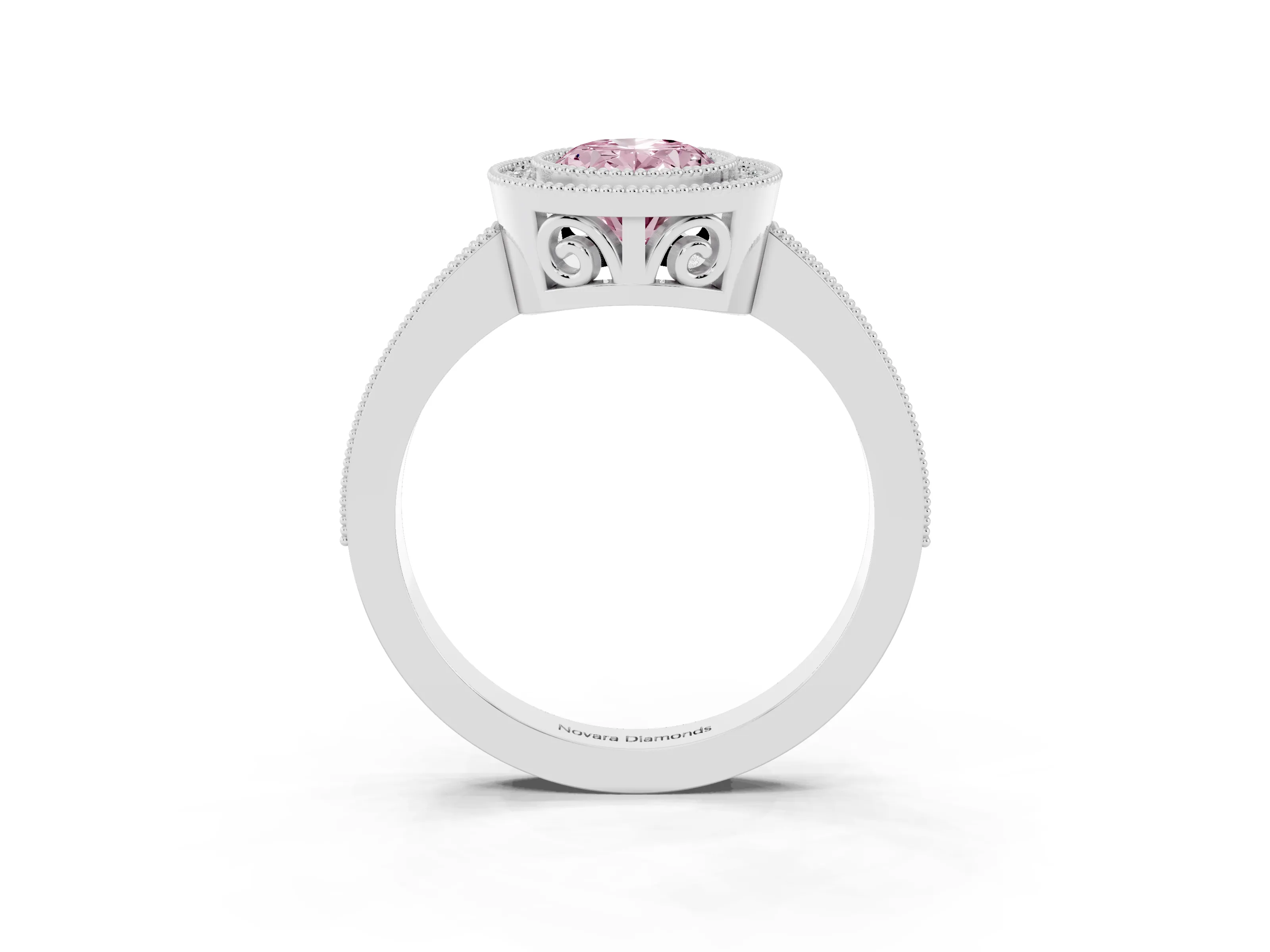 Fancy Pink Oval Cut Diamond Round Halo Ring Set in White gold with Pavé Band