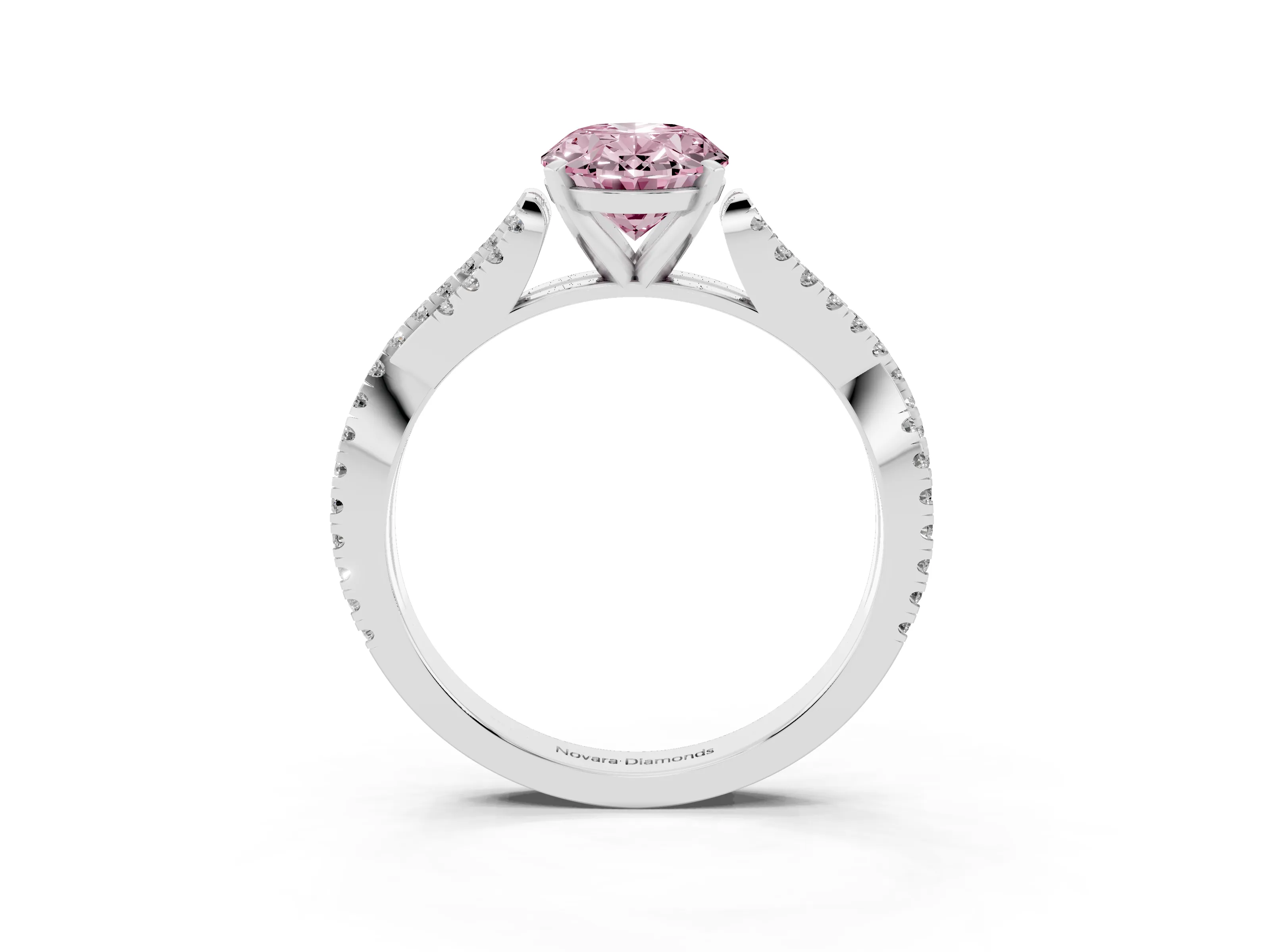 Fancy Pink Oval Cut Diamond Solitaire Engagement Ring Set in Silver with Twisted Pavé Band and Prong Setting