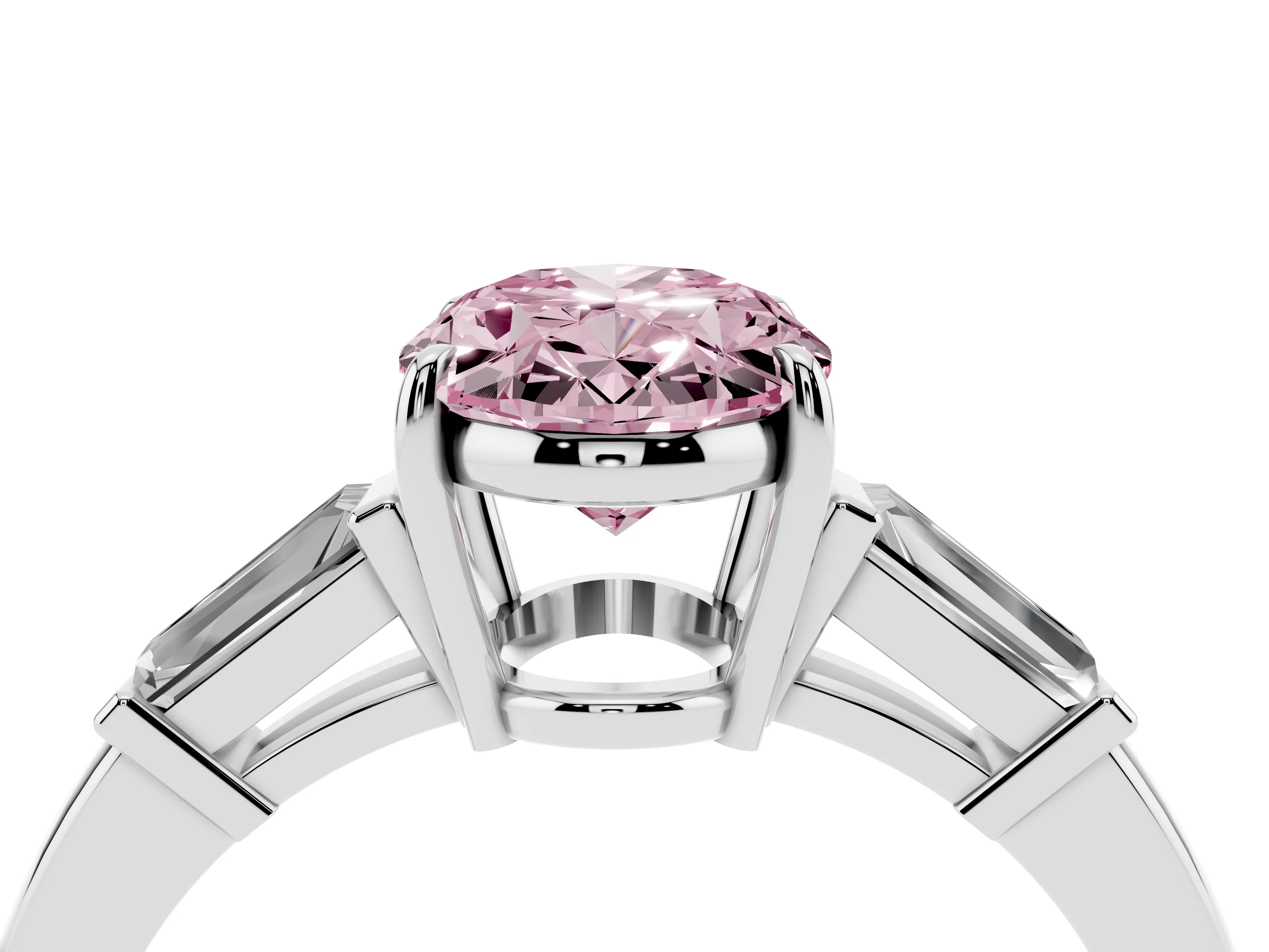 Fancy Pink Oval Cut Diamond Three-Stone Ring Set in White gold with Tapered Baguette Side Stones and Prong Setting