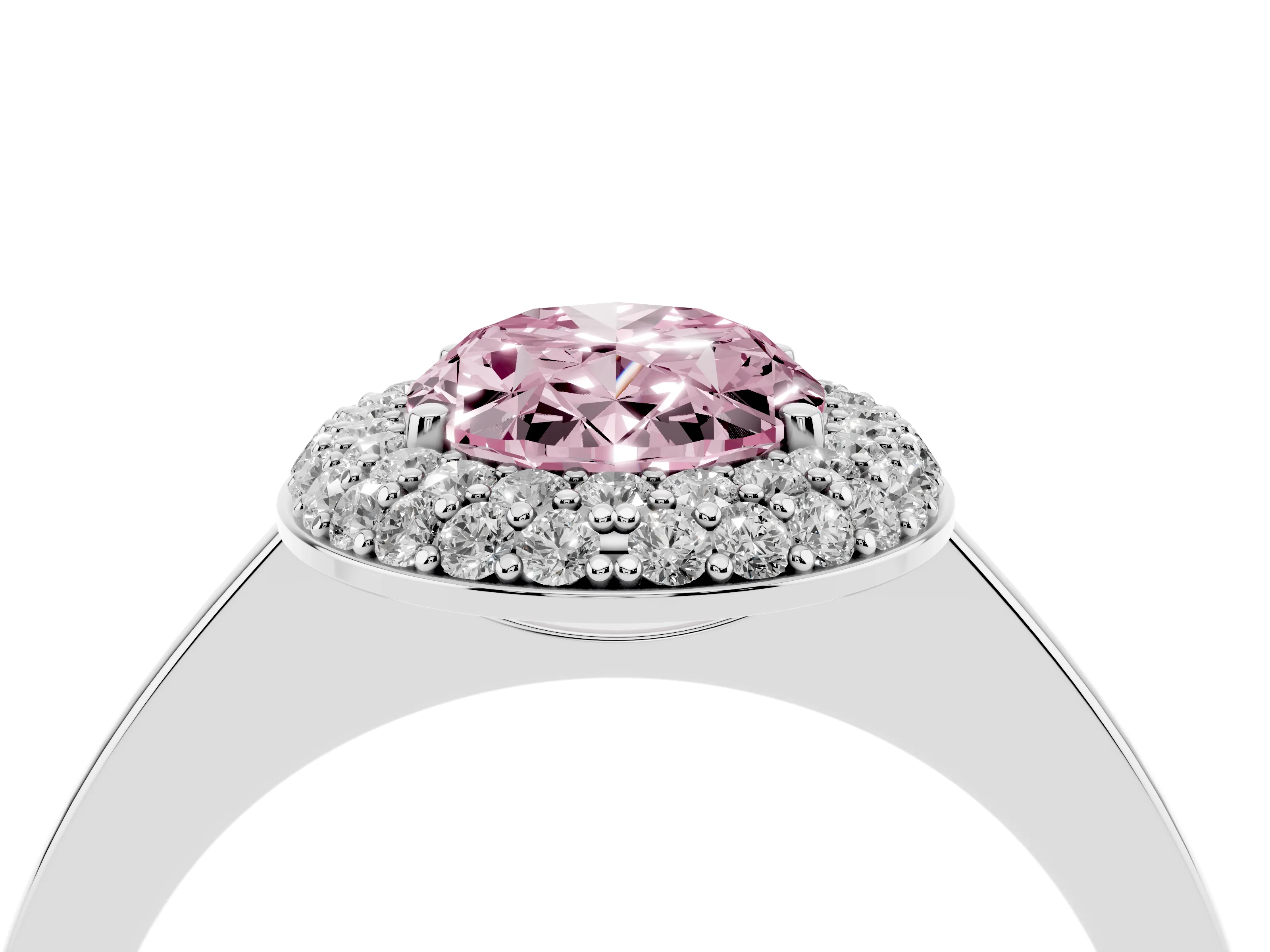 Fancy Pink Oval Cut Diamond Halo Engagement Ring Set in White gold with Solitaire Band and Prong Setting