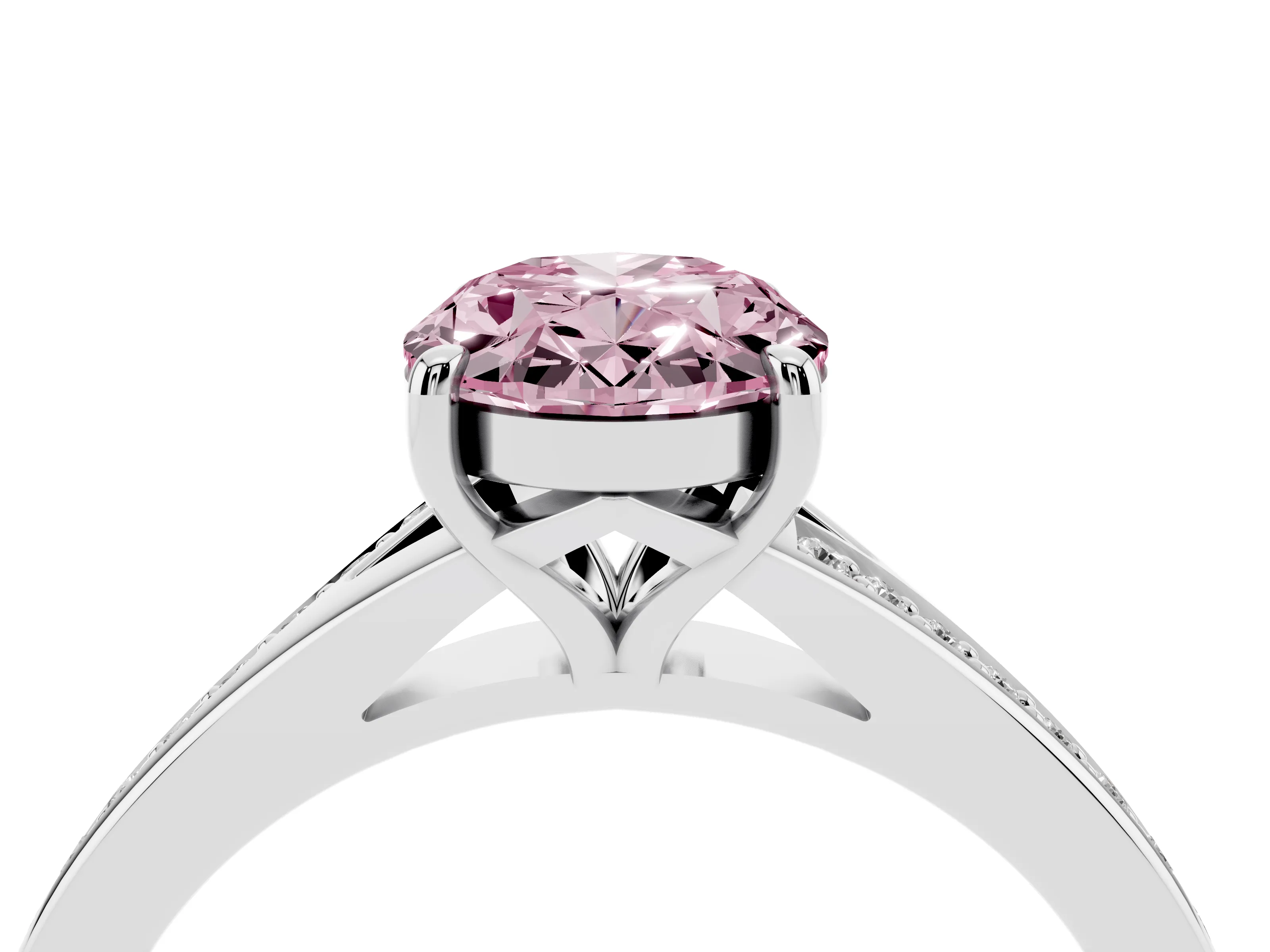 Fancy Pink Oval Cut Diamond Solitaire Ring Set in Platinum with Pavé Accent Band and Classic Prong Setting