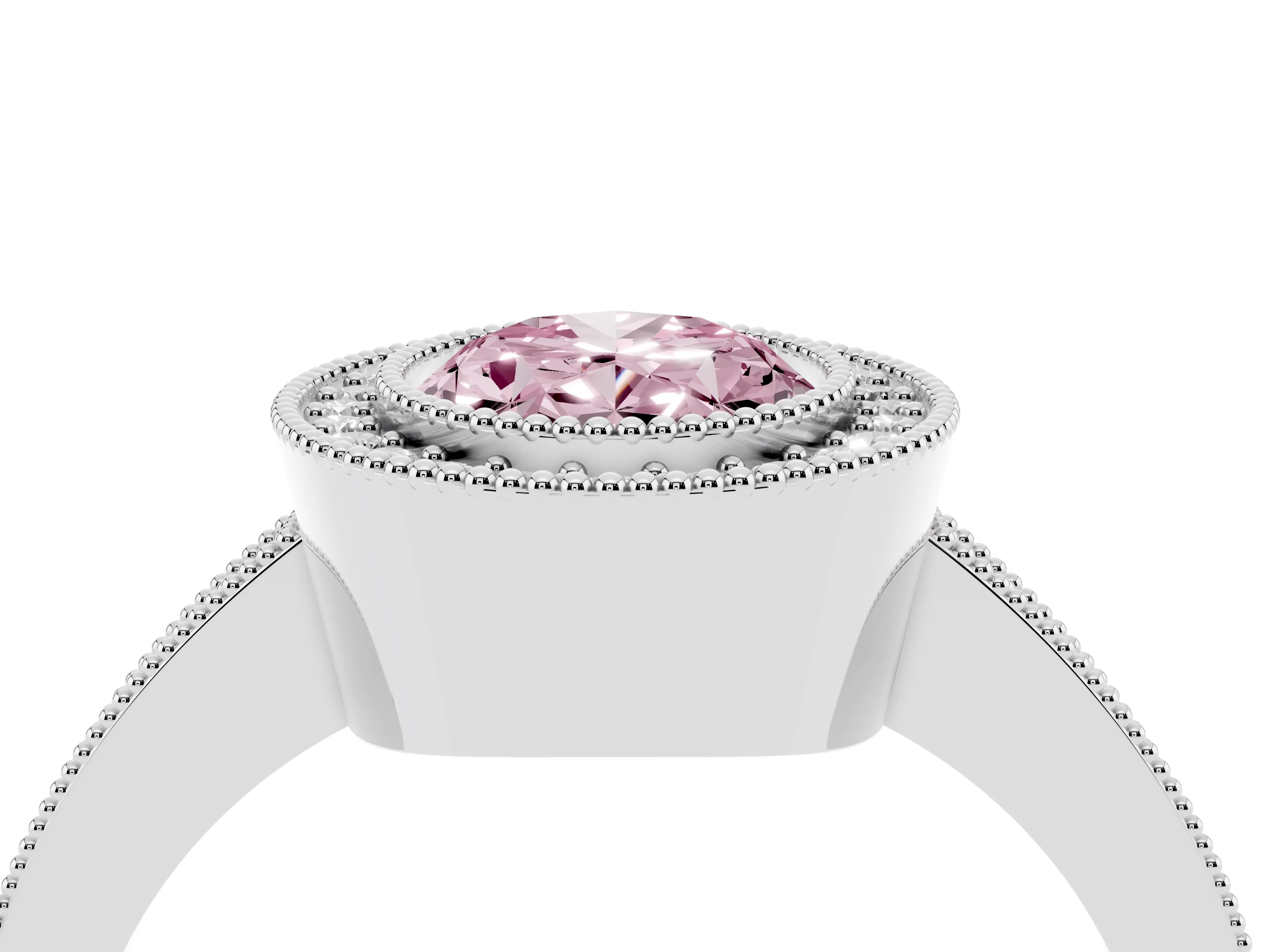 Fancy Pink Oval Cut Diamond Halo Engagement Ring Set in White gold with Pavé Band and Round Halo Stones