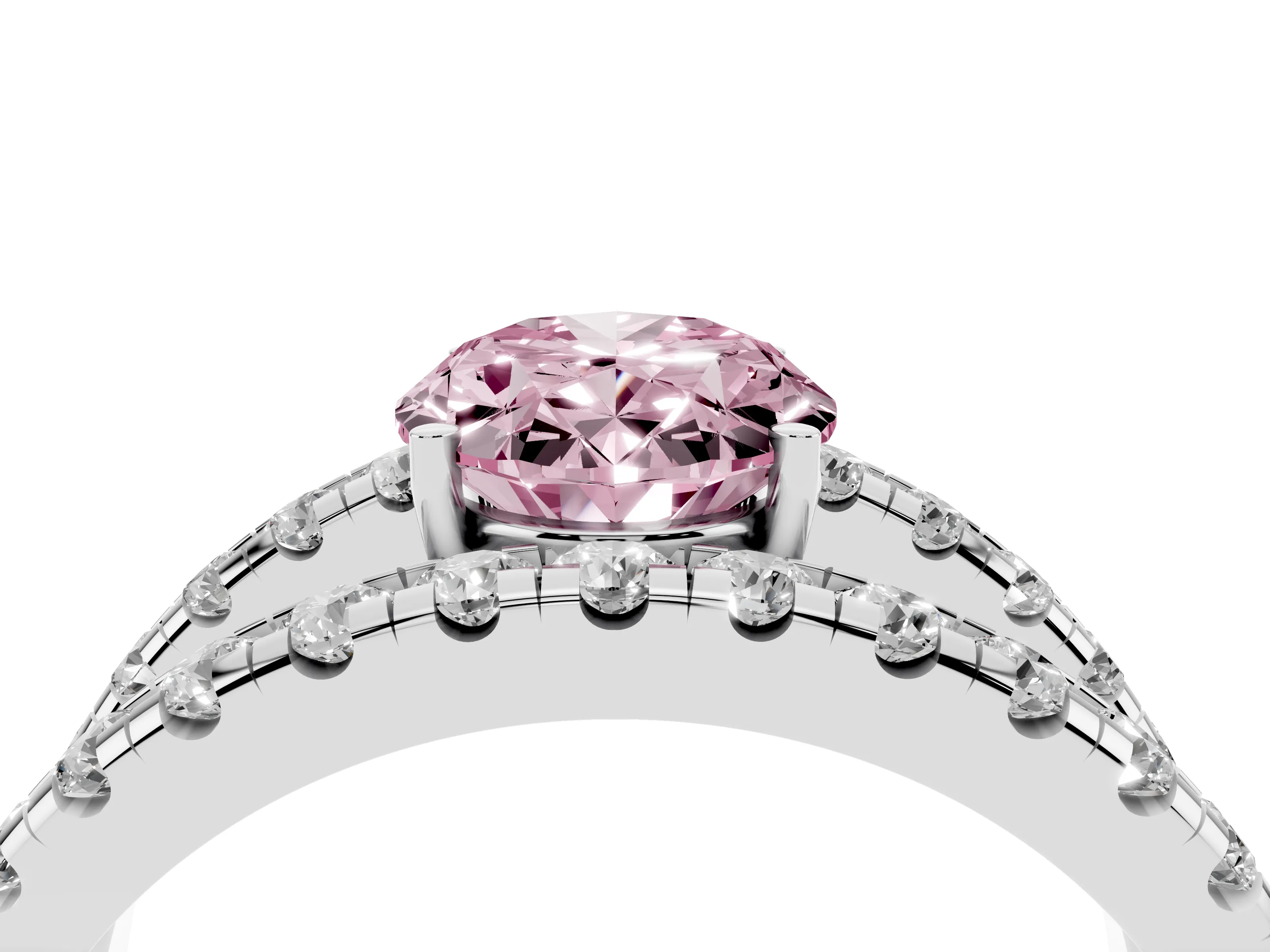 Fancy Pink Oval Cut Diamond Split Shank Pavé Solitaire Ring Set in Platinum with Open Shank Design