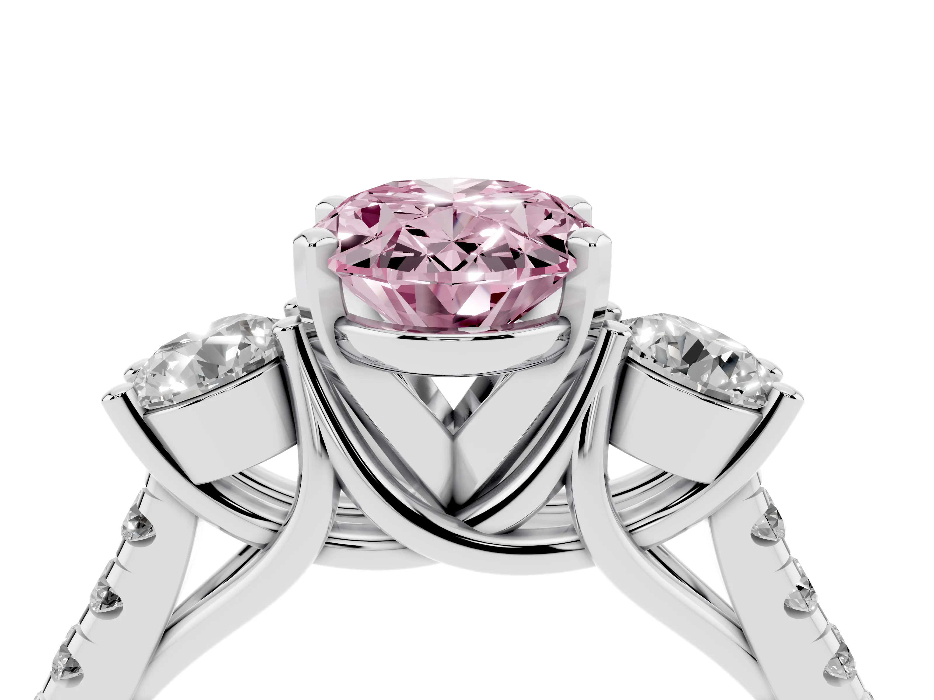 Fancy Pink Three-Stone Oval Cut Diamond Pavé Band Ring Set in White gold with Prong-Set Trio