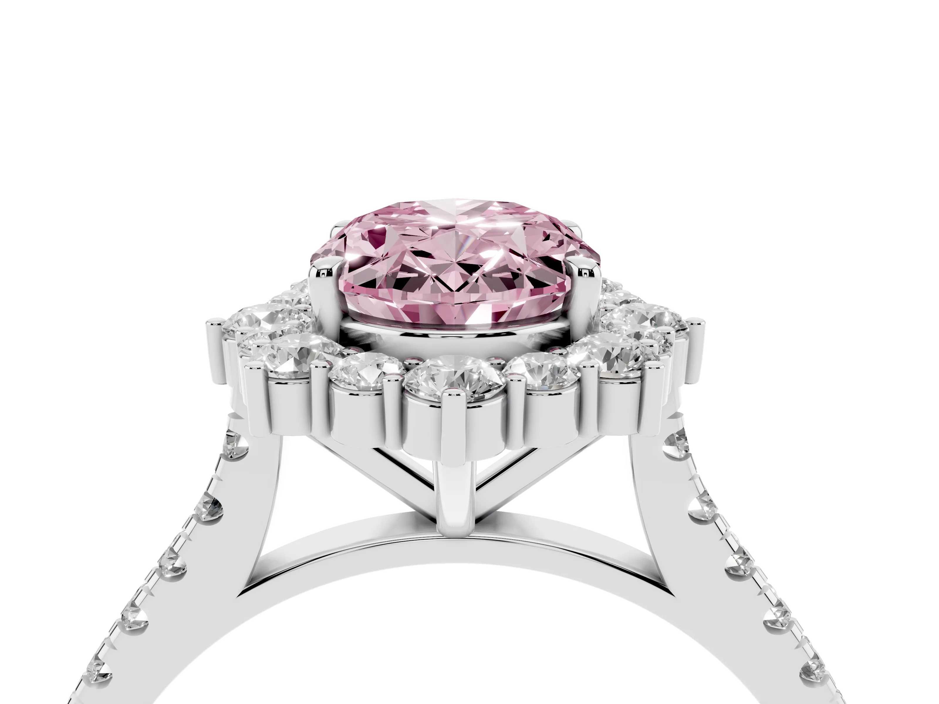 Fancy Pink Oval Cut Diamond Halo Ring Set in Silver with Pavé Band and Prong Setting