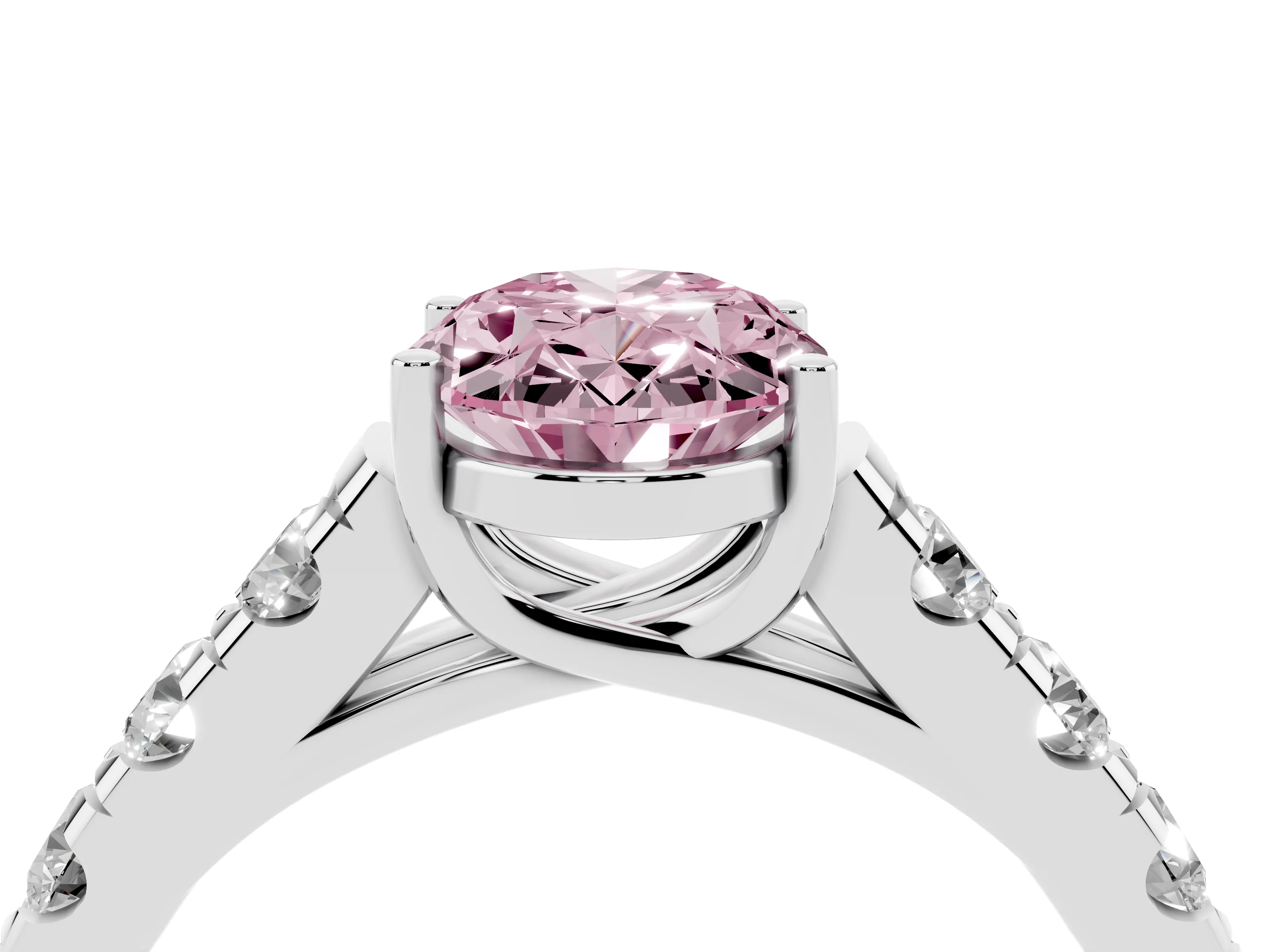 Fancy Pink Oval Cut Diamond Solitaire Ring Set in White gold with Cut-Down Micro Pavé Band and Prong Setting