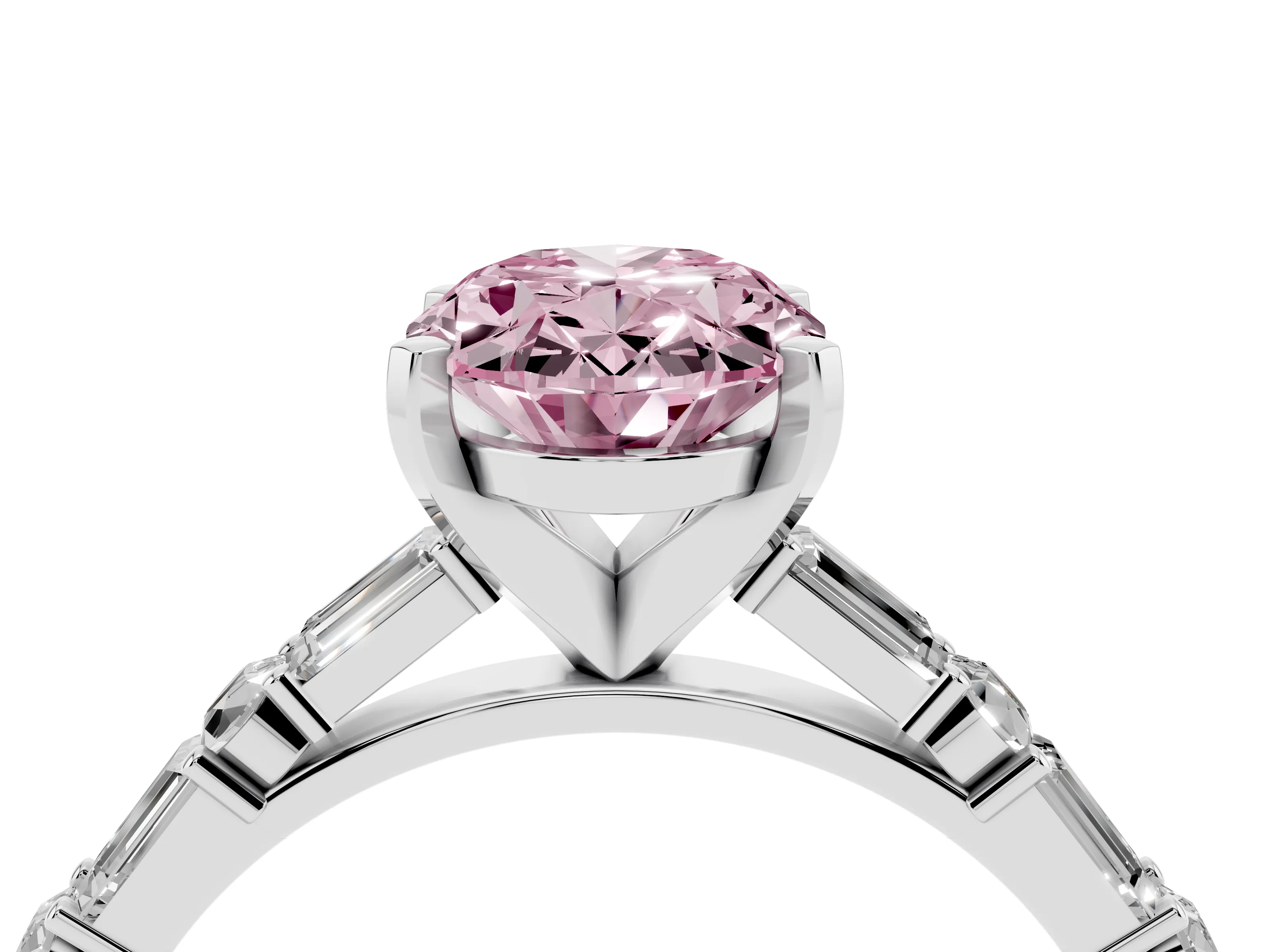 Fancy Pink Oval Cut Diamond Solitaire Set in White gold with Side Baguettes and Channel Set Band