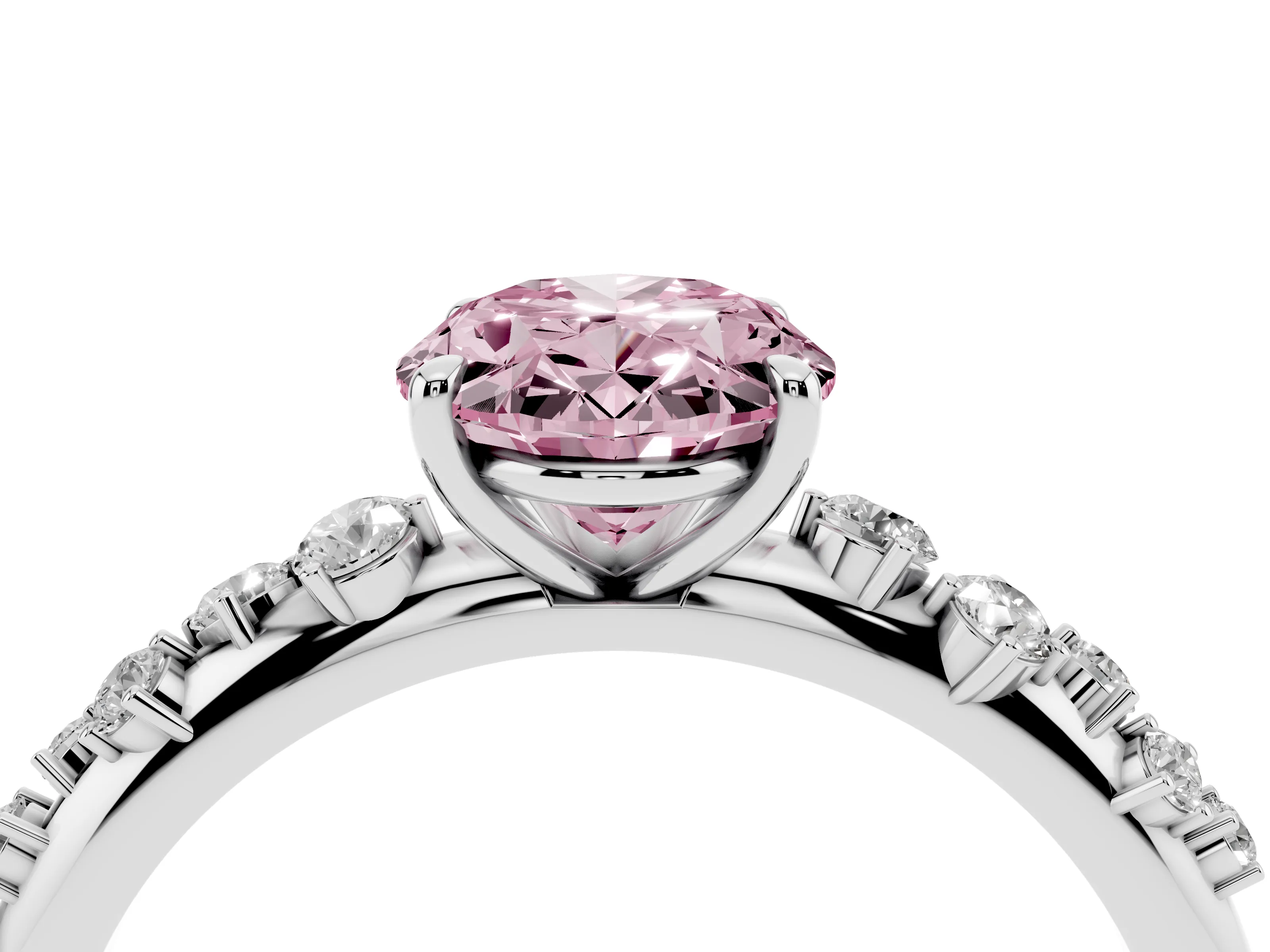 Fancy Pink Oval Cut Diamond Cluster Solitaire Ring Set in White gold with Prong Setting