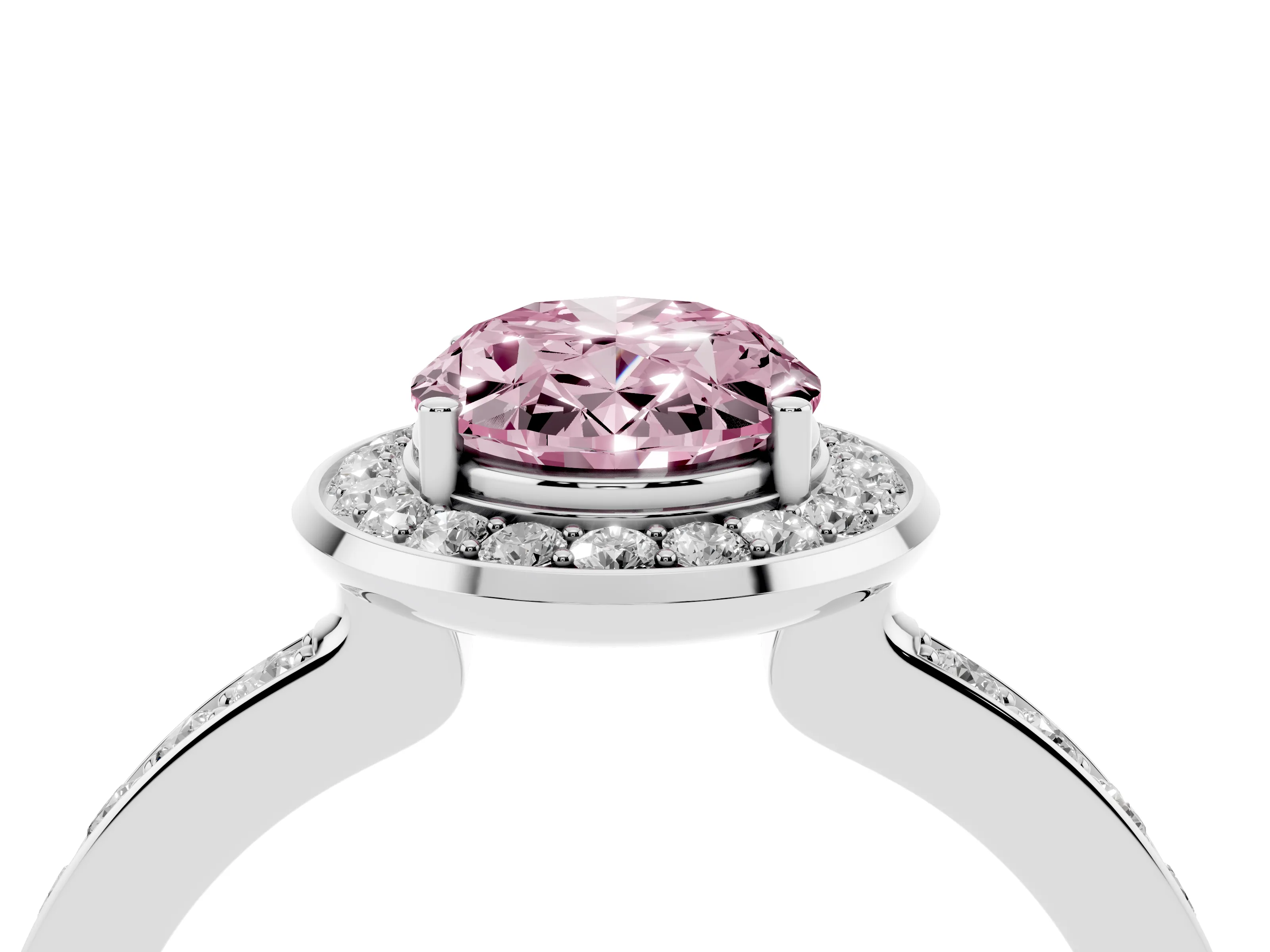 Fancy Pink Oval Cut Diamond Halo Ring Set in White gold with Bezel Frame and Pavé Band