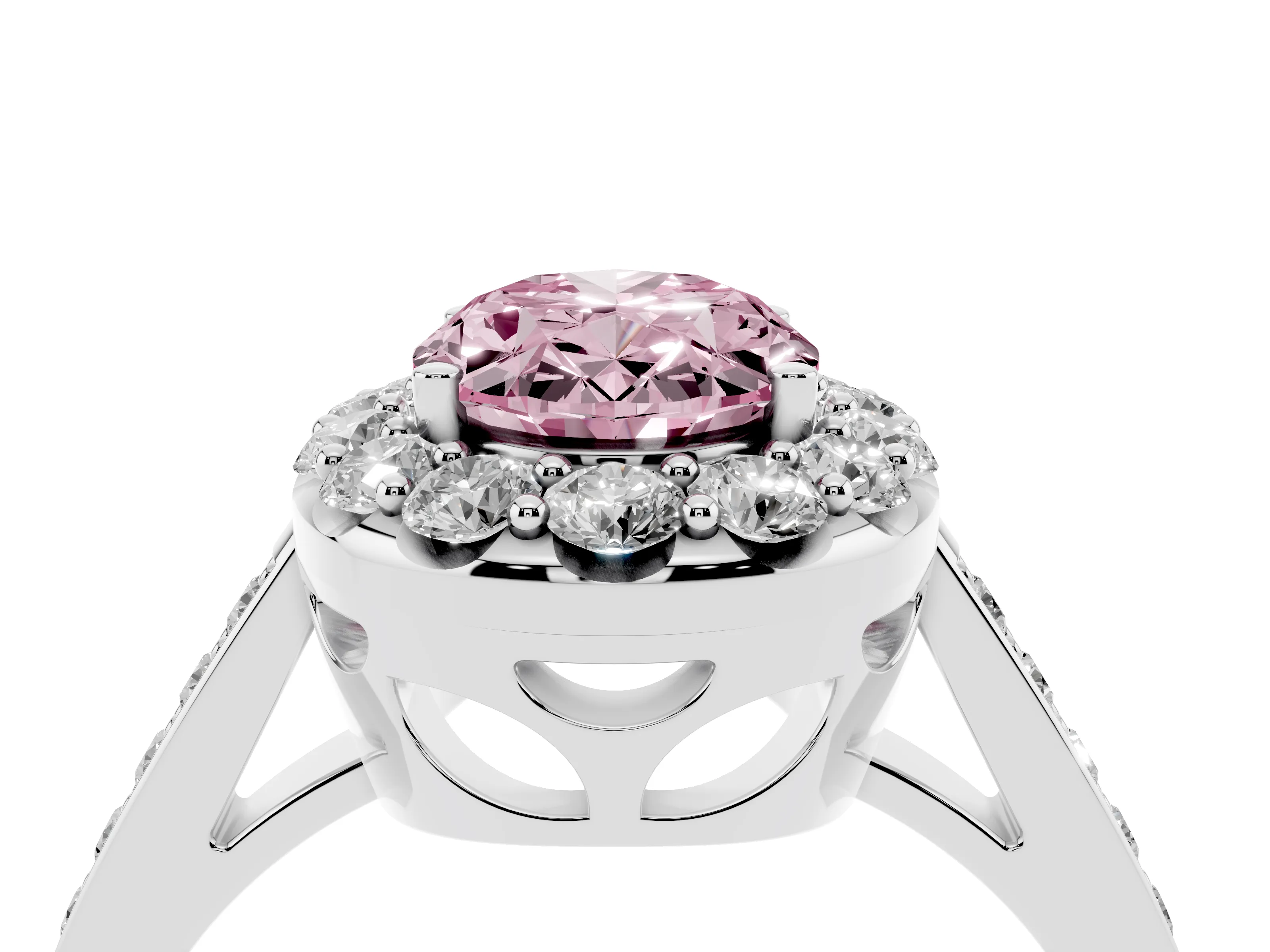 Fancy Pink Oval Cut Diamond Floral Halo Ring Set in White gold with Pavé Band and Prong Setting