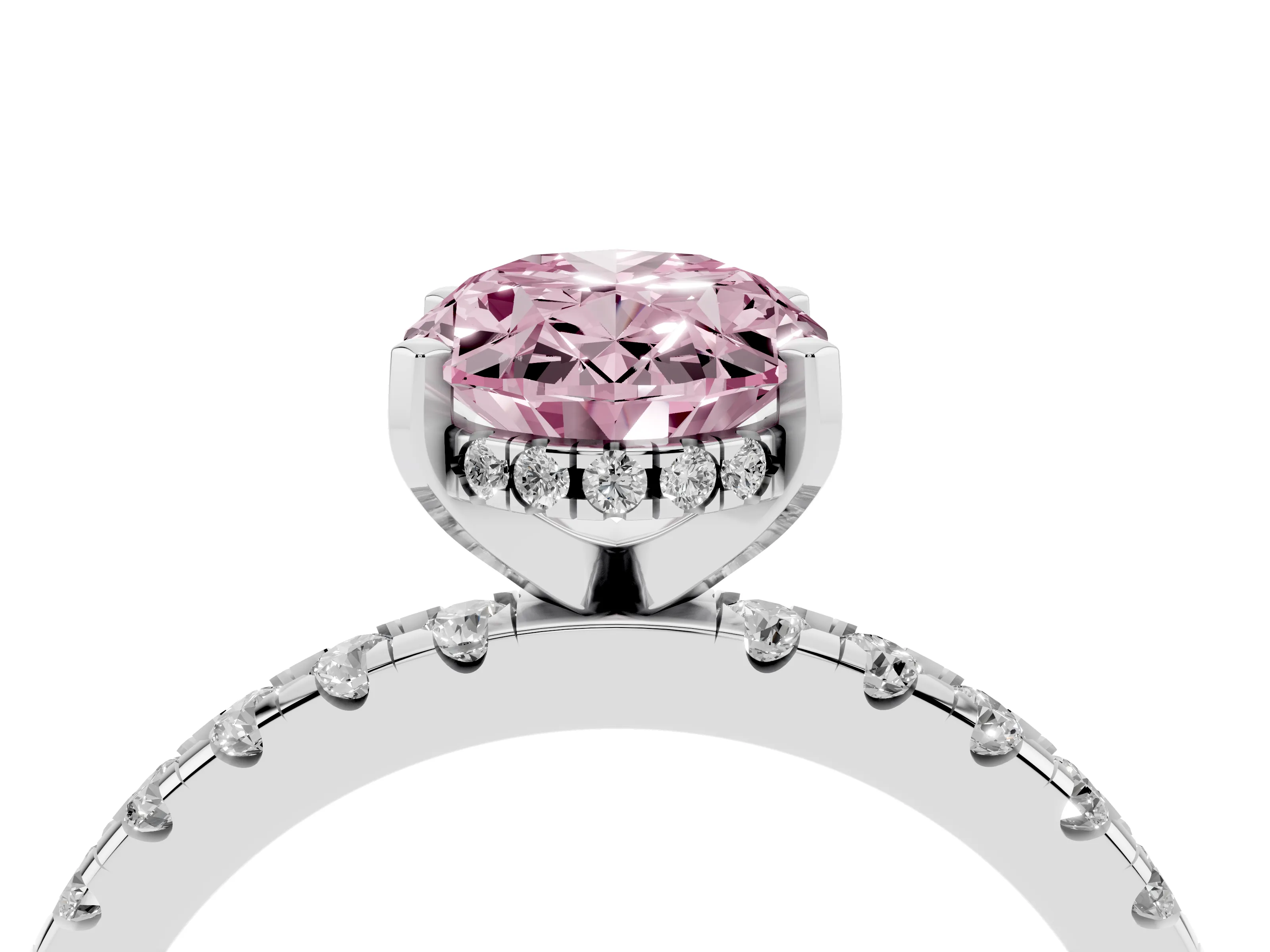 Fancy Pink Oval Cut Diamond Pavé Solitaire Ring Set in Platinum with Round Band Accents and Prong Setting