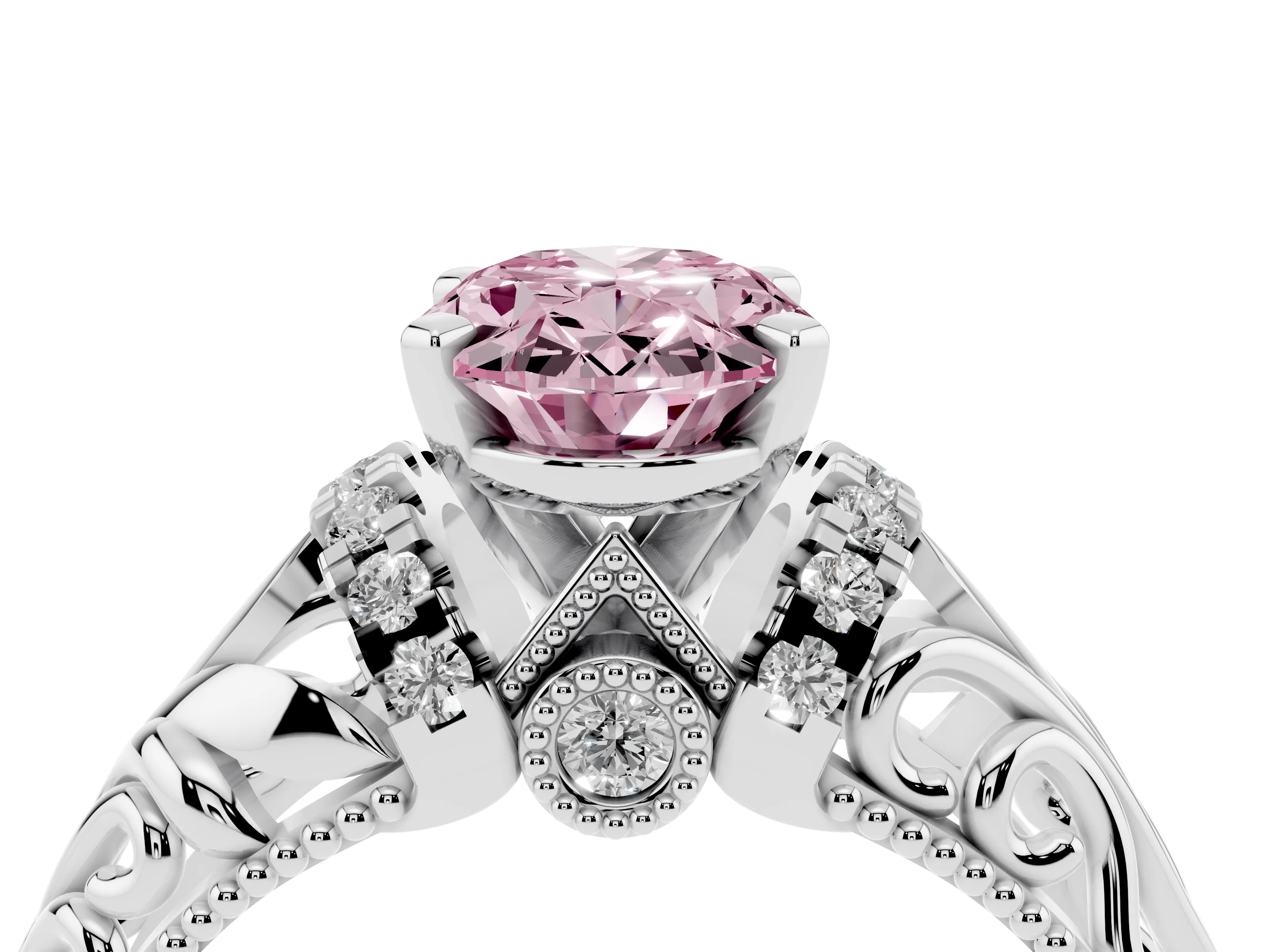 Fancy Pink Oval Cut Diamond Filigree Halo Engagement Ring Set in Platinum with Prong Setting