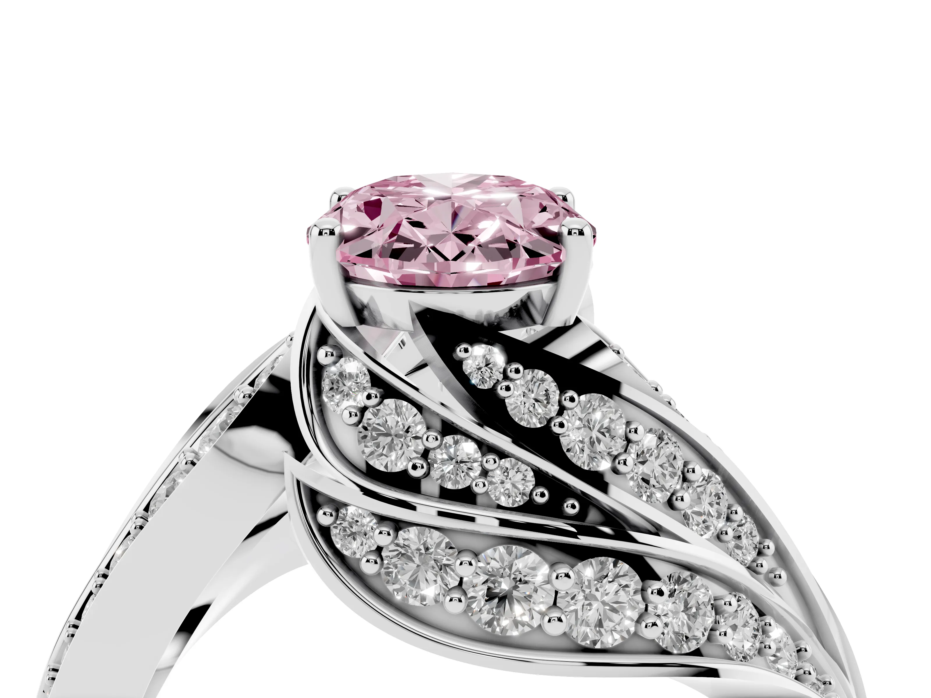 Fancy Pink Oval Cut Diamond Solitaire Ring Set in Platinum with Layered Twist Pavé Band