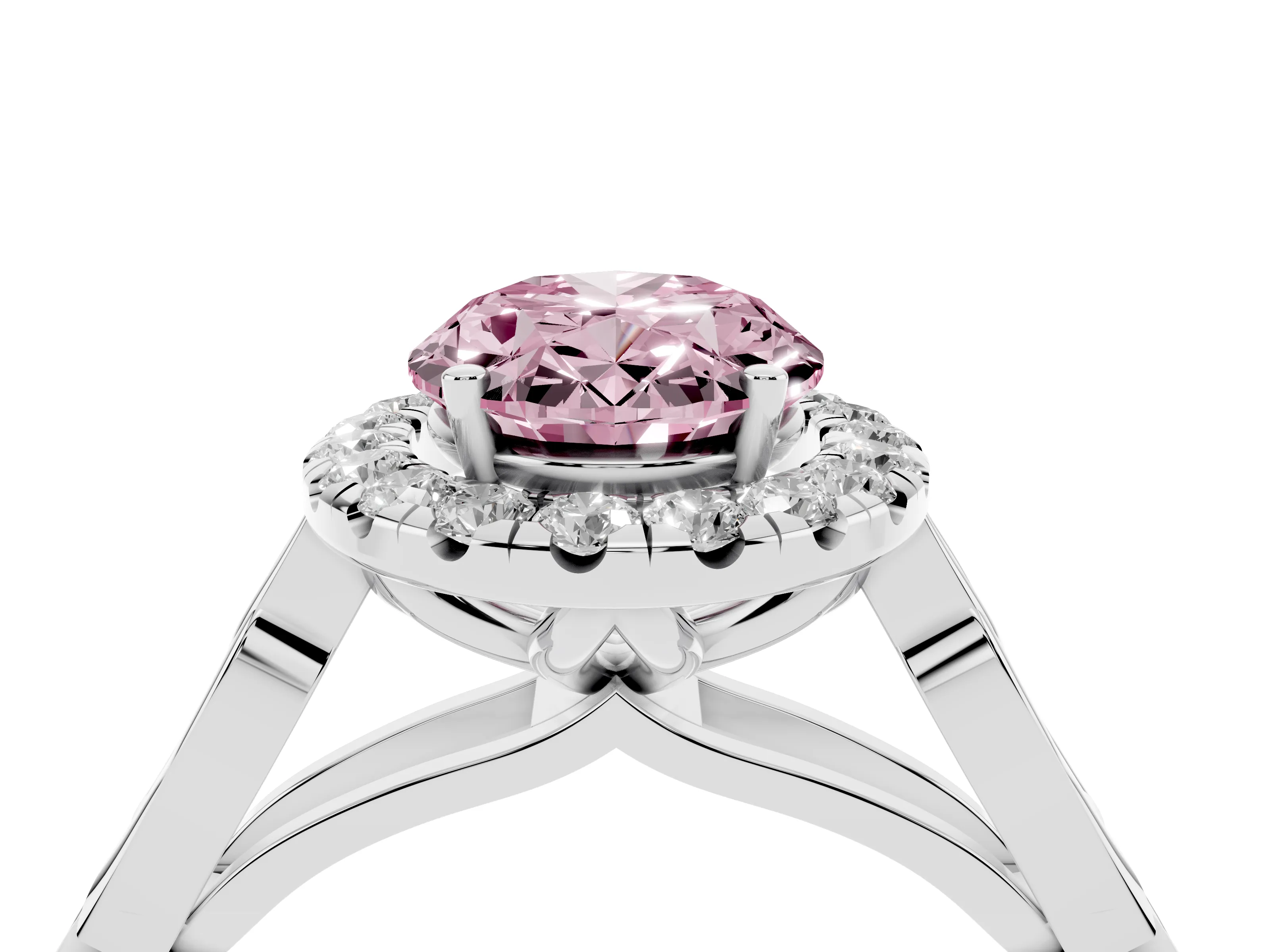 Fancy Pink Oval Cut Diamond Halo Engagement Ring Set in Platinum with Filigree Band and Prong-Set Center