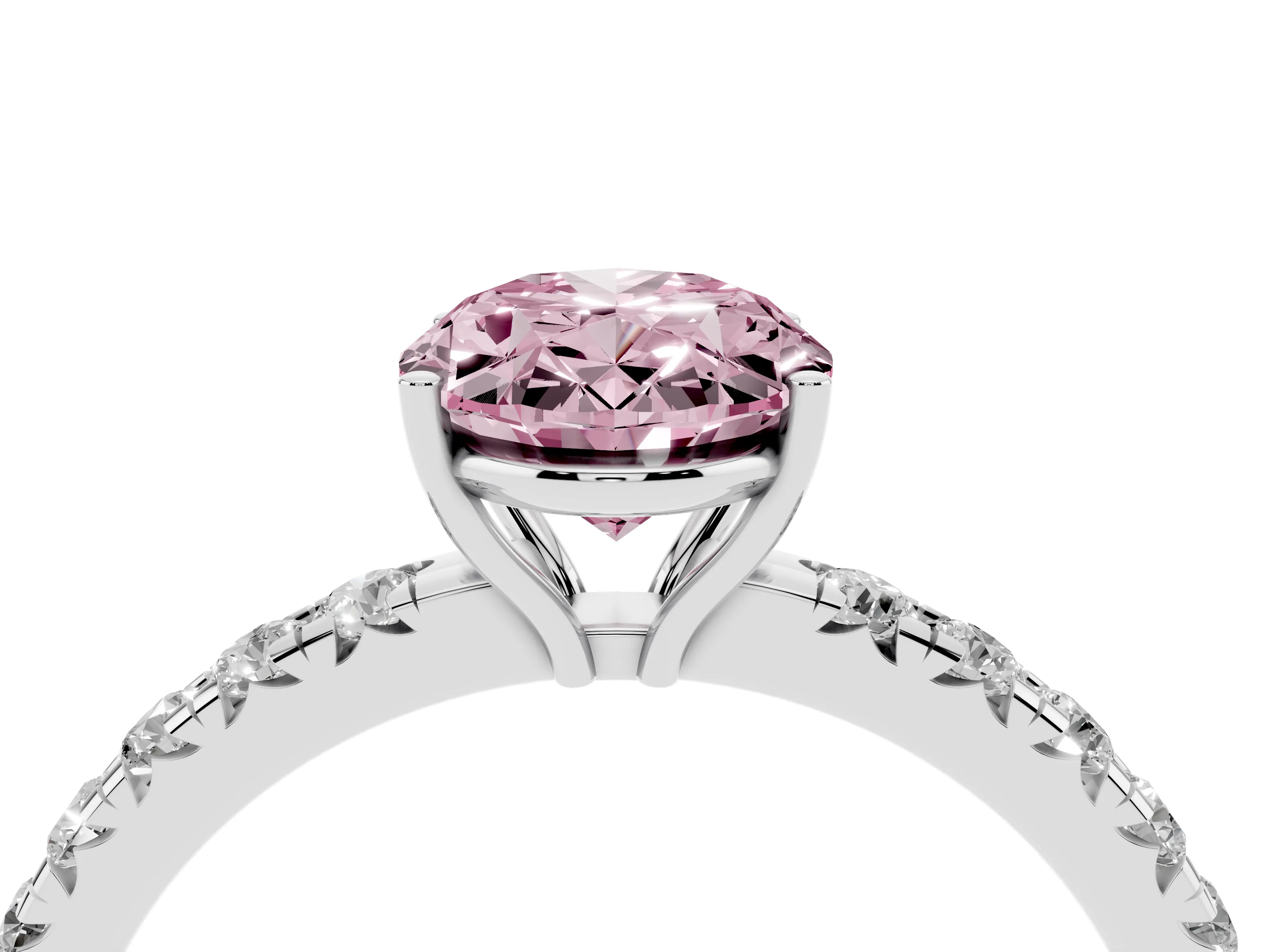 Fancy Pink Oval Cut Diamond Pavé Solitaire Engagement Ring Set in Platinum with Prong Setting