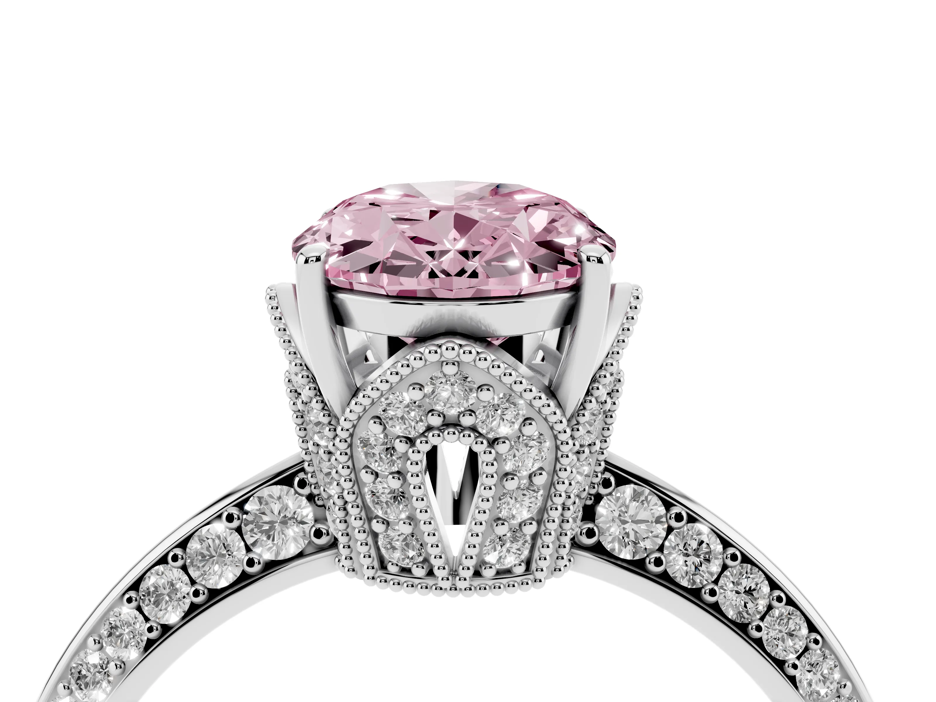 Fancy Pink Oval Cut Diamond Solitaire Engagement Ring Set in Platinum with Pavé Split Shank and Prong Setting