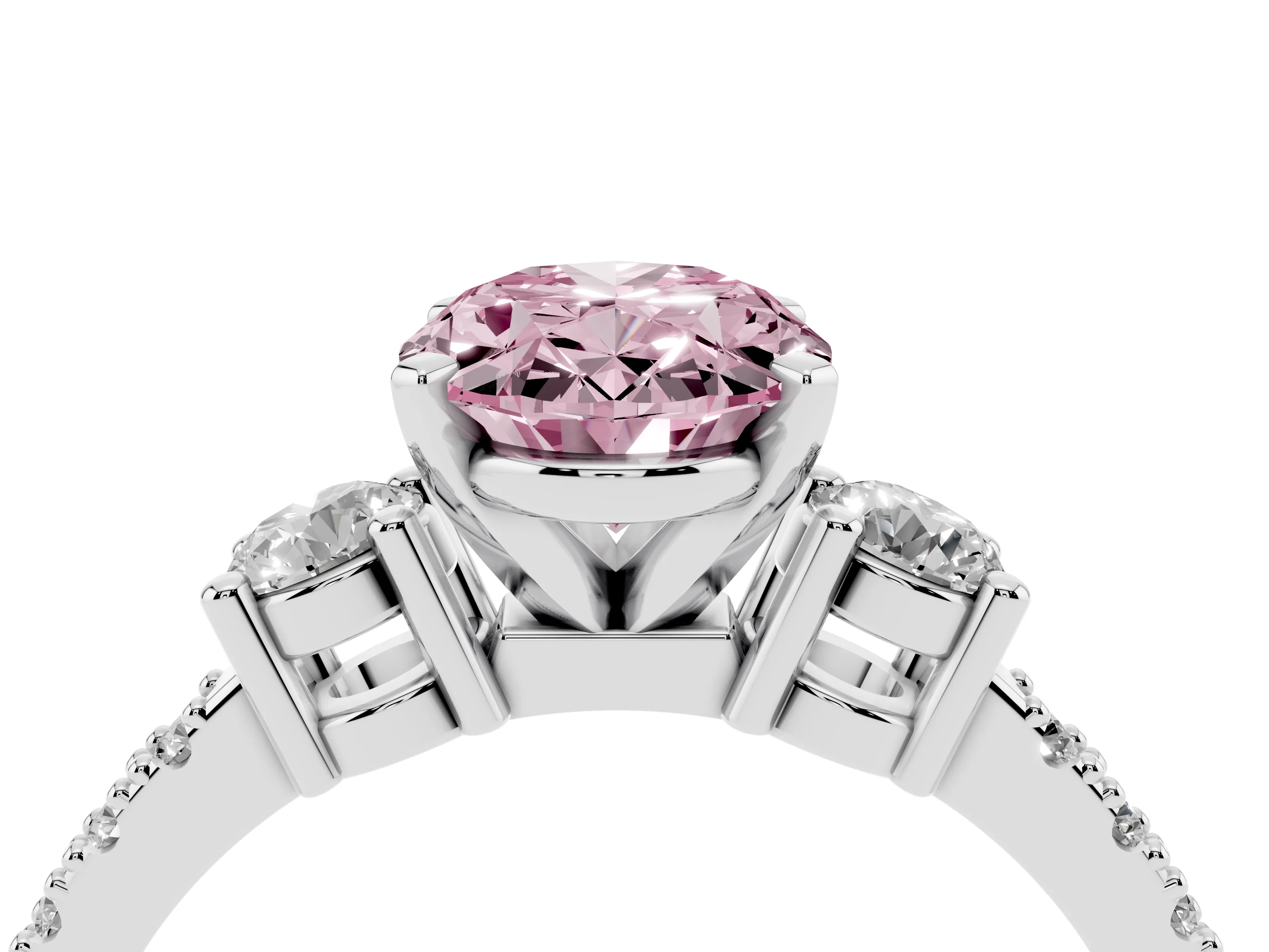 Fancy Pink Three-Stone Oval Cut Diamond Pavé Band Ring Set in Silver with Prong Setting