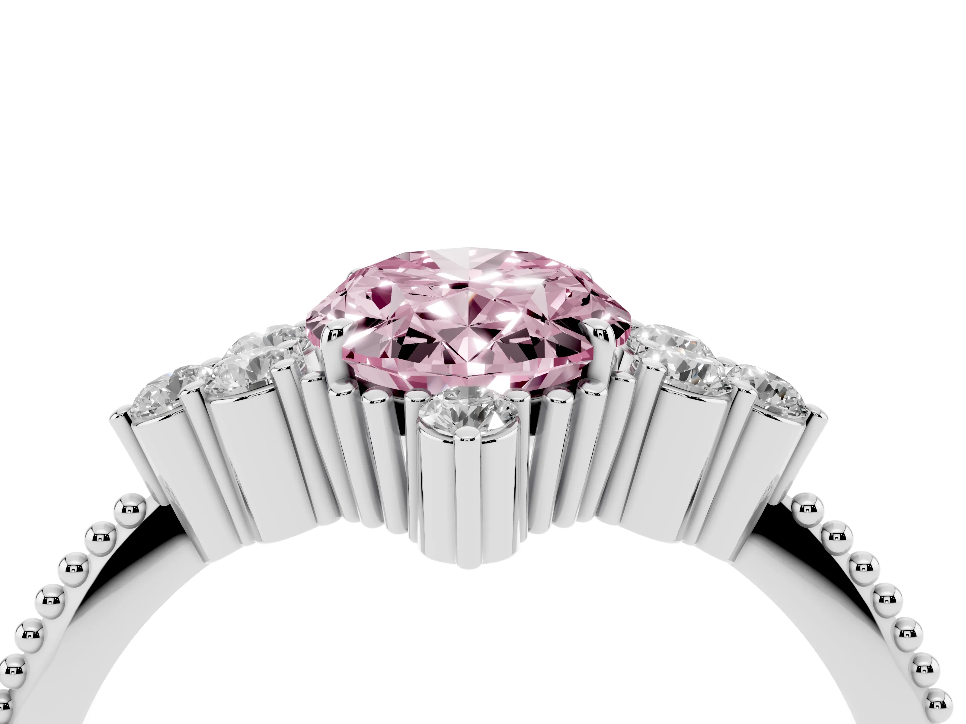Fancy Pink Oval Cut Diamond Cluster Ring Set in Silver with Beaded Band