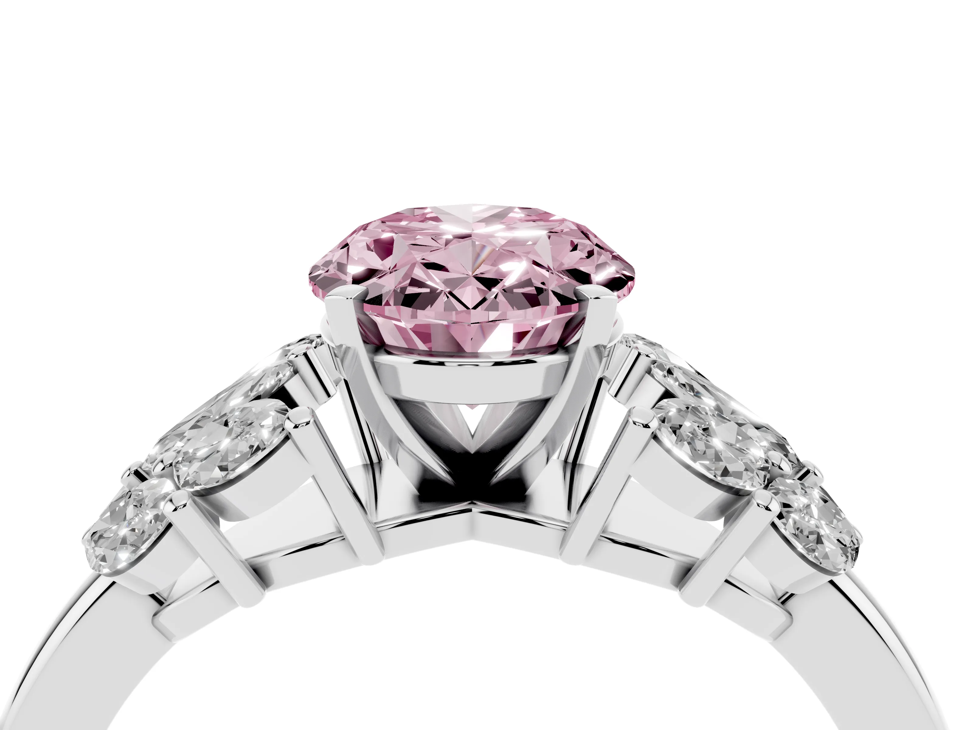 Fancy Pink Oval Cut Diamond Cluster Leaf Design Ring Set in White gold with Prong Setting