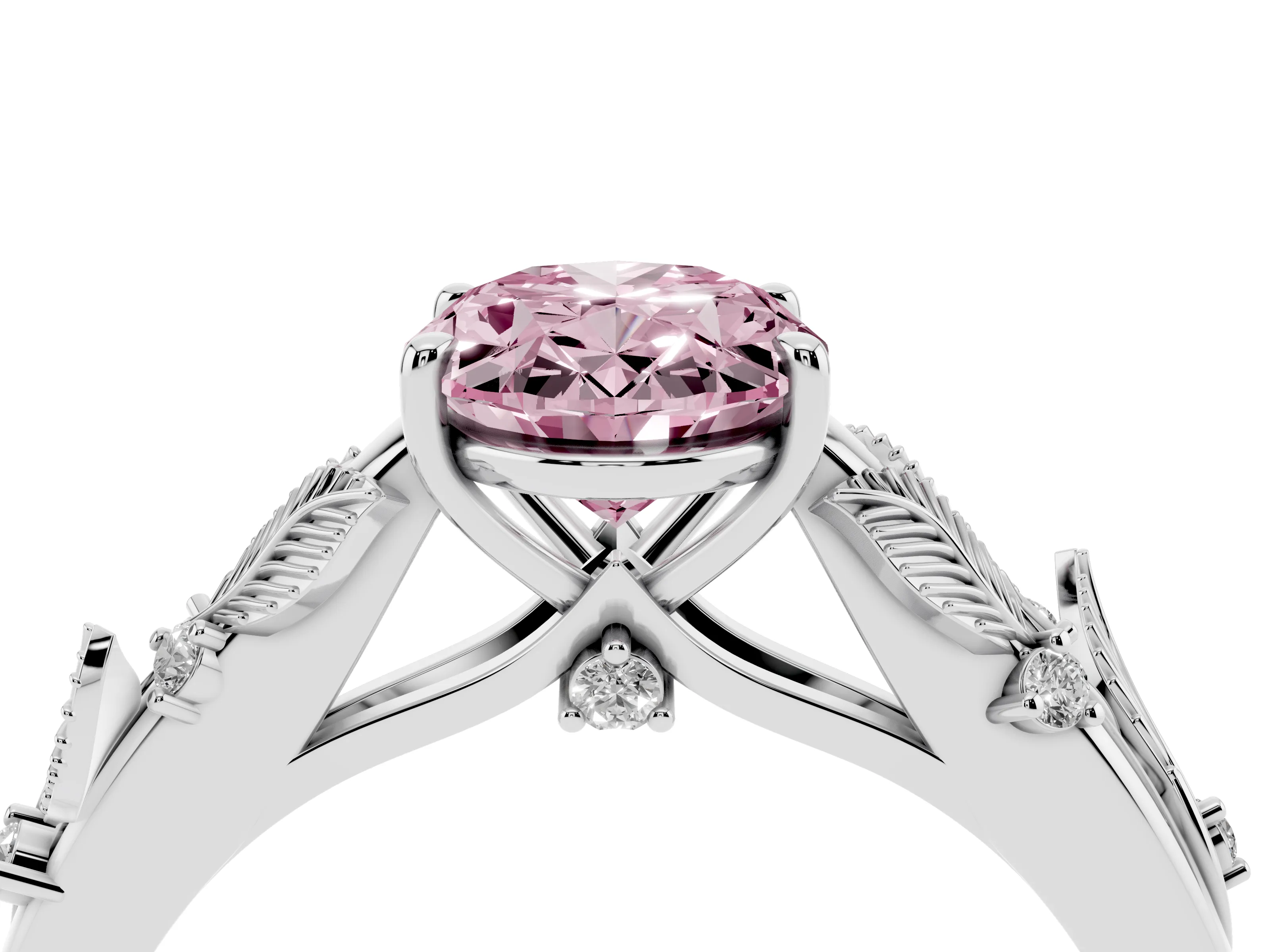 Fancy Pink Oval Cut Diamond Solitaire Ring Set in White gold with Leaf Motif Band