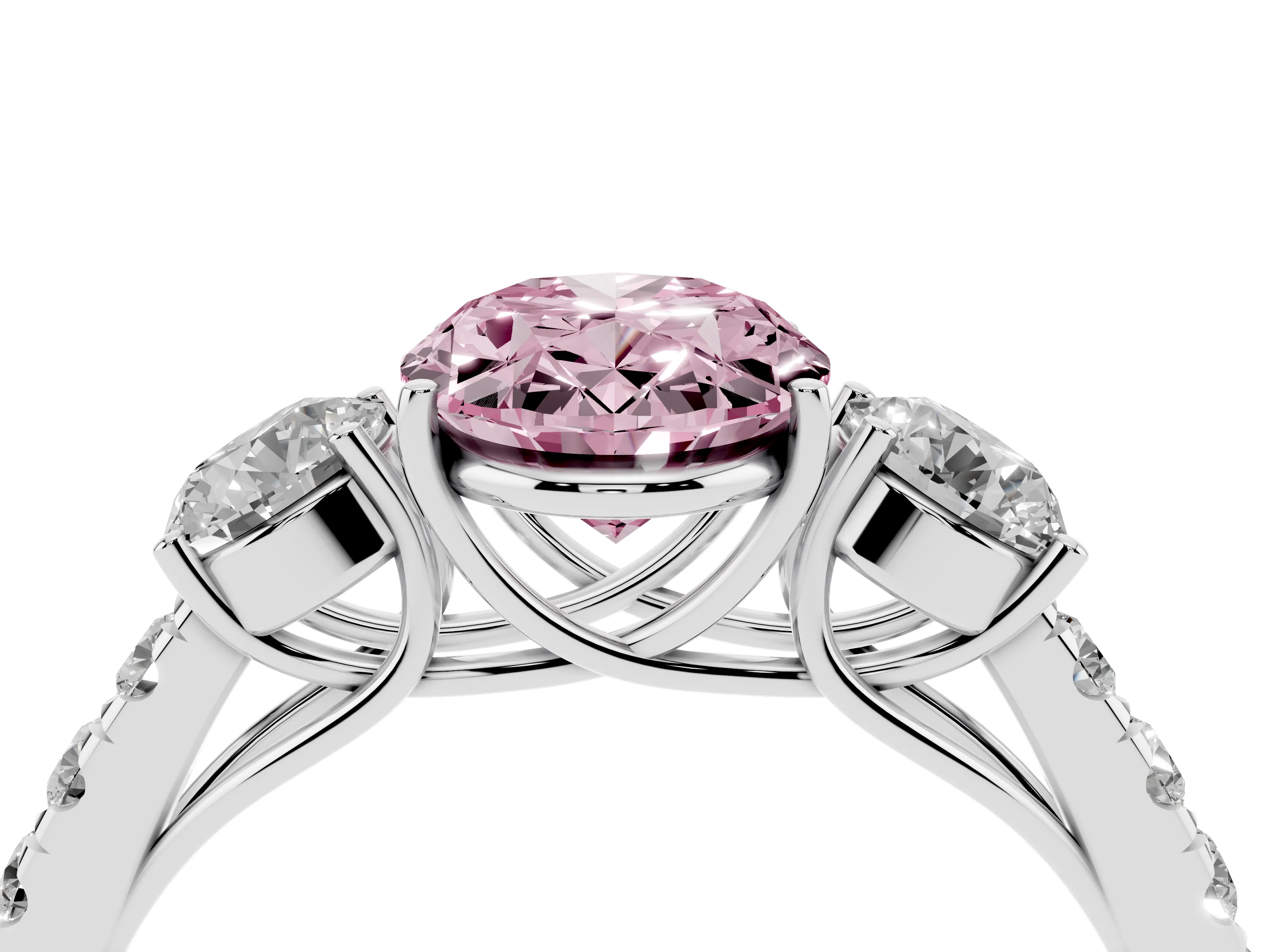 Fancy Pink Oval Cut Diamond Three-Stone Ring Set in Platinum with Round Side Stones and Delicate Pavé Band