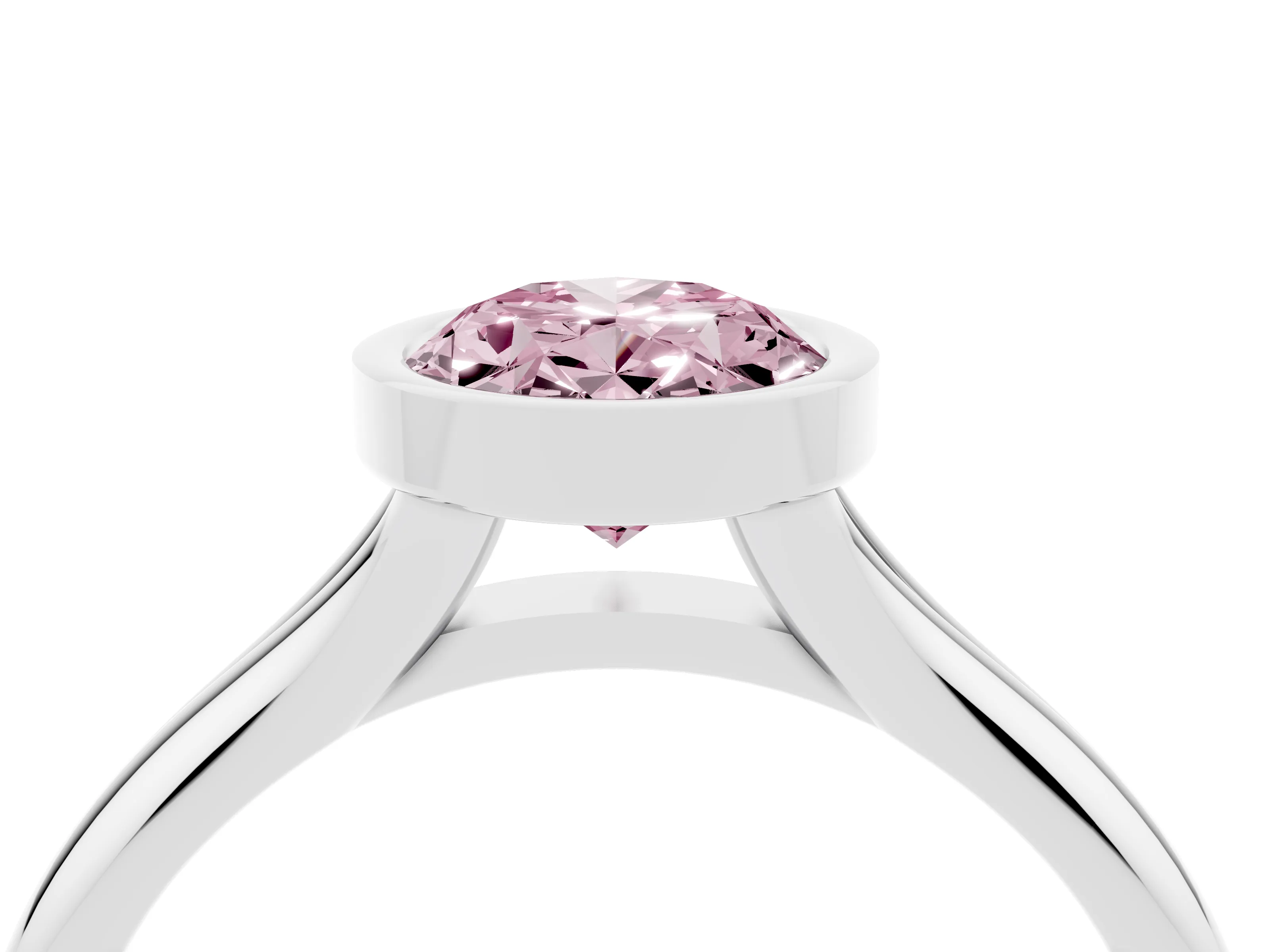 Fancy Pink Bezel Set Oval Cut Diamond Solitaire Ring Set in White gold with Smooth Band
