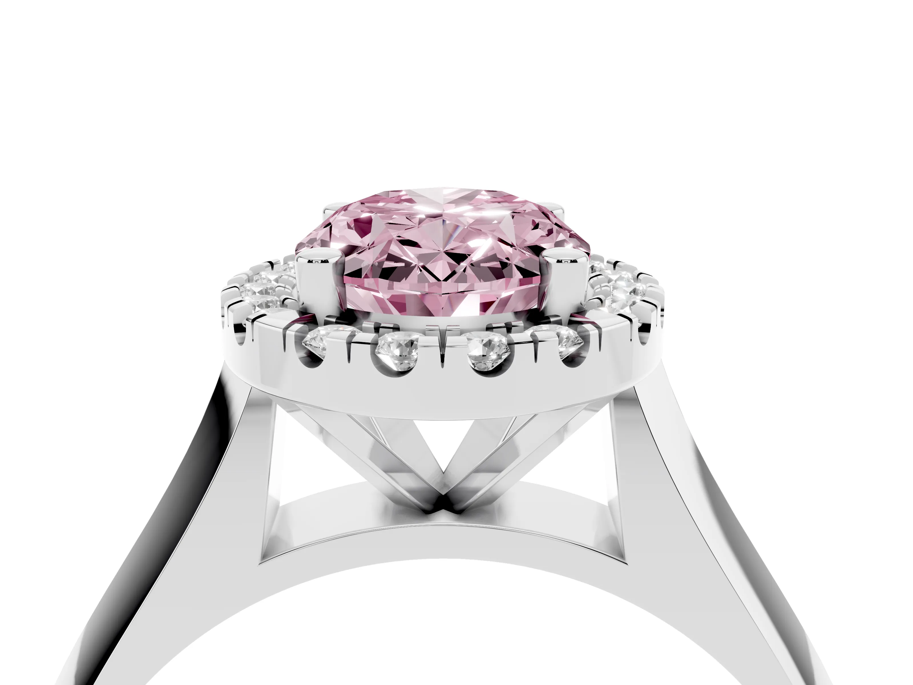 Fancy Pink Oval Cut Diamond Halo Solitaire Engagement Ring Set in Silver with Square Band and Prong Setting