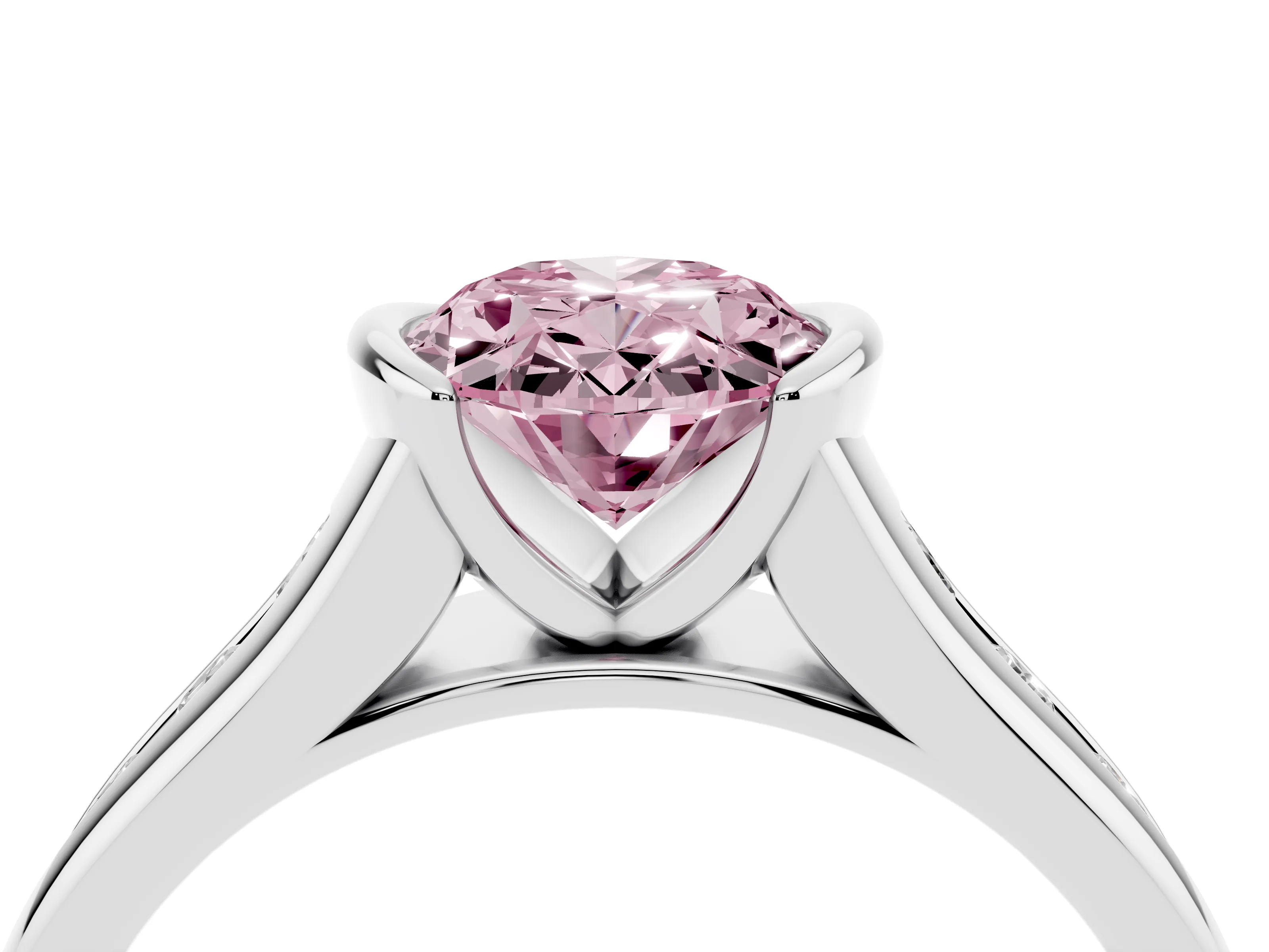 Fancy Pink Oval Cut Diamond Bezel-Set Solitaire Ring Set in Silver with Channel-Set Band