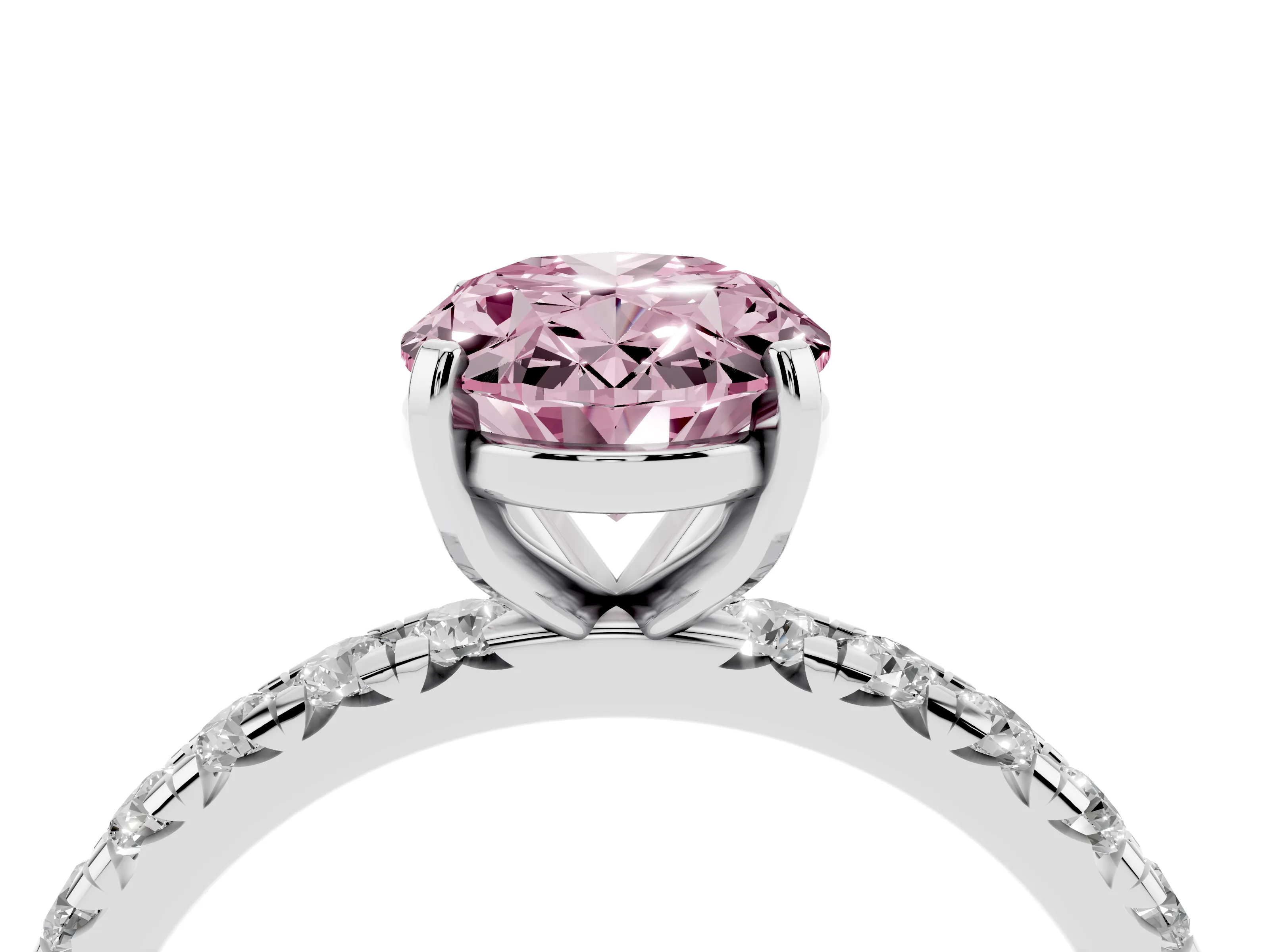 Fancy Pink Oval Cut Diamond Pavé Solitaire Ring Set in Platinum with Round Band and Prong Setting