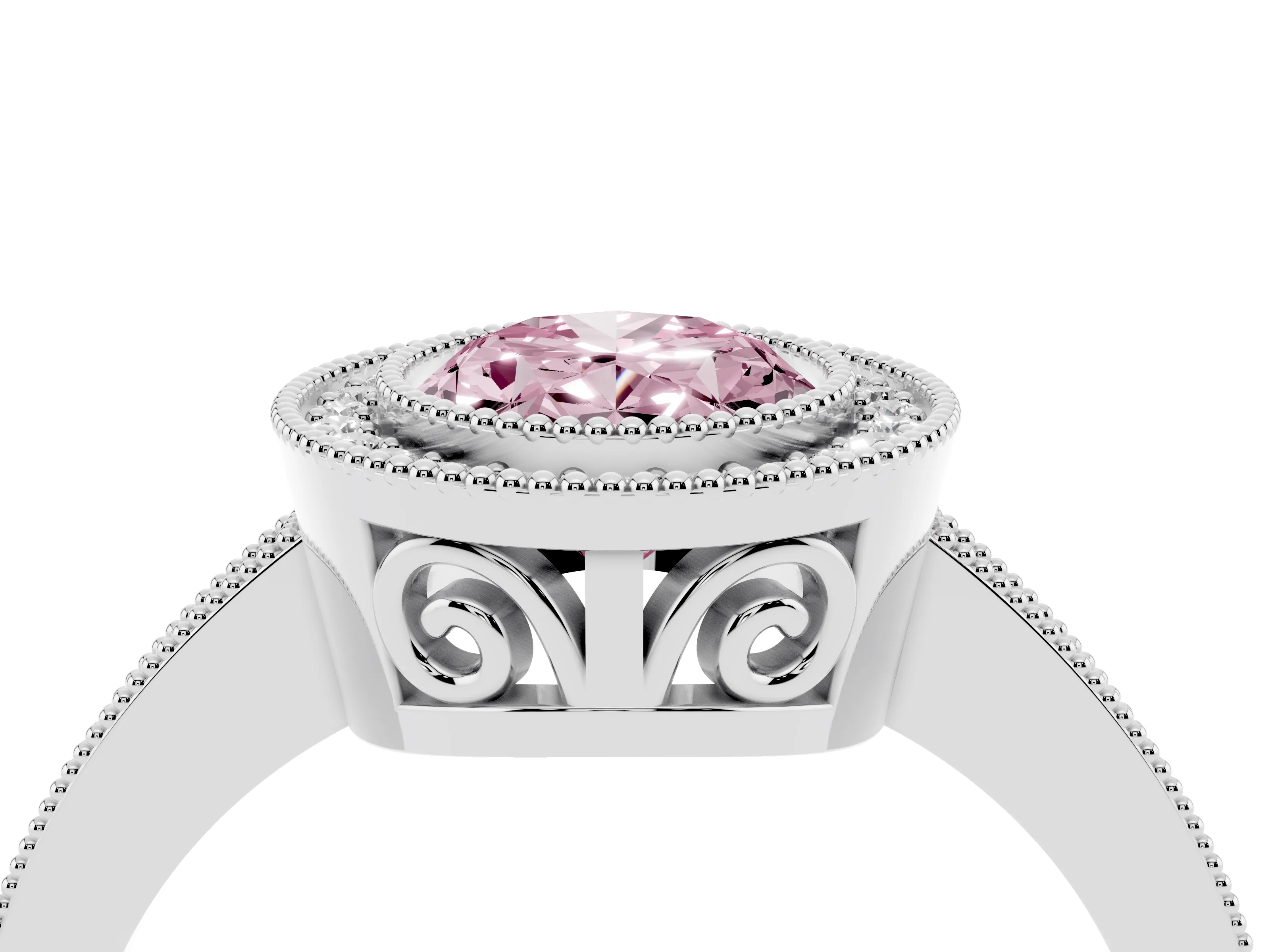 Fancy Pink Oval Cut Diamond Round Halo Ring Set in White gold with Pavé Band