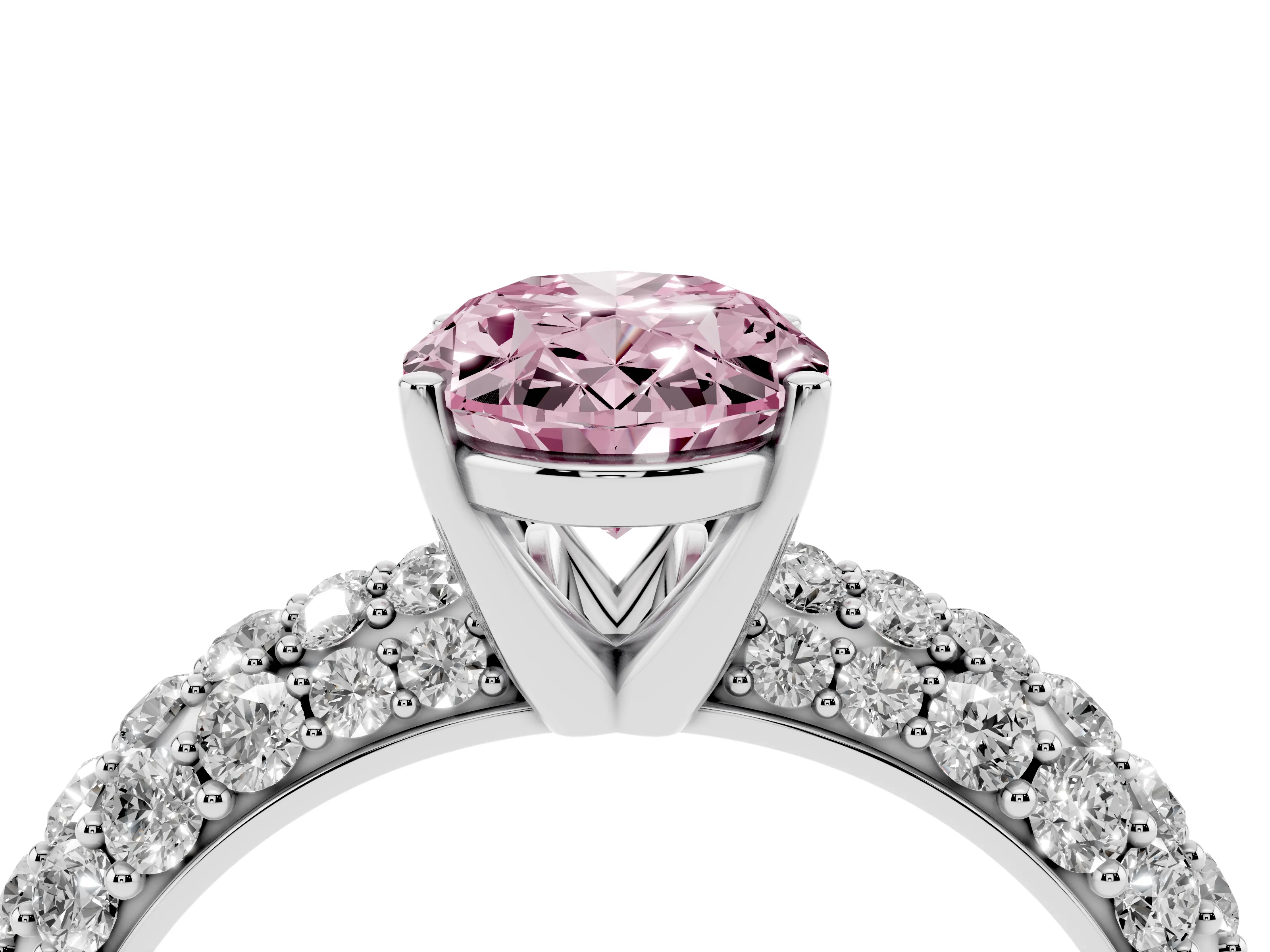 Fancy Pink Oval Cut Diamond Pavé Band Solitaire Ring Set in White gold with Close-Set Accent Stones and Prong Setting