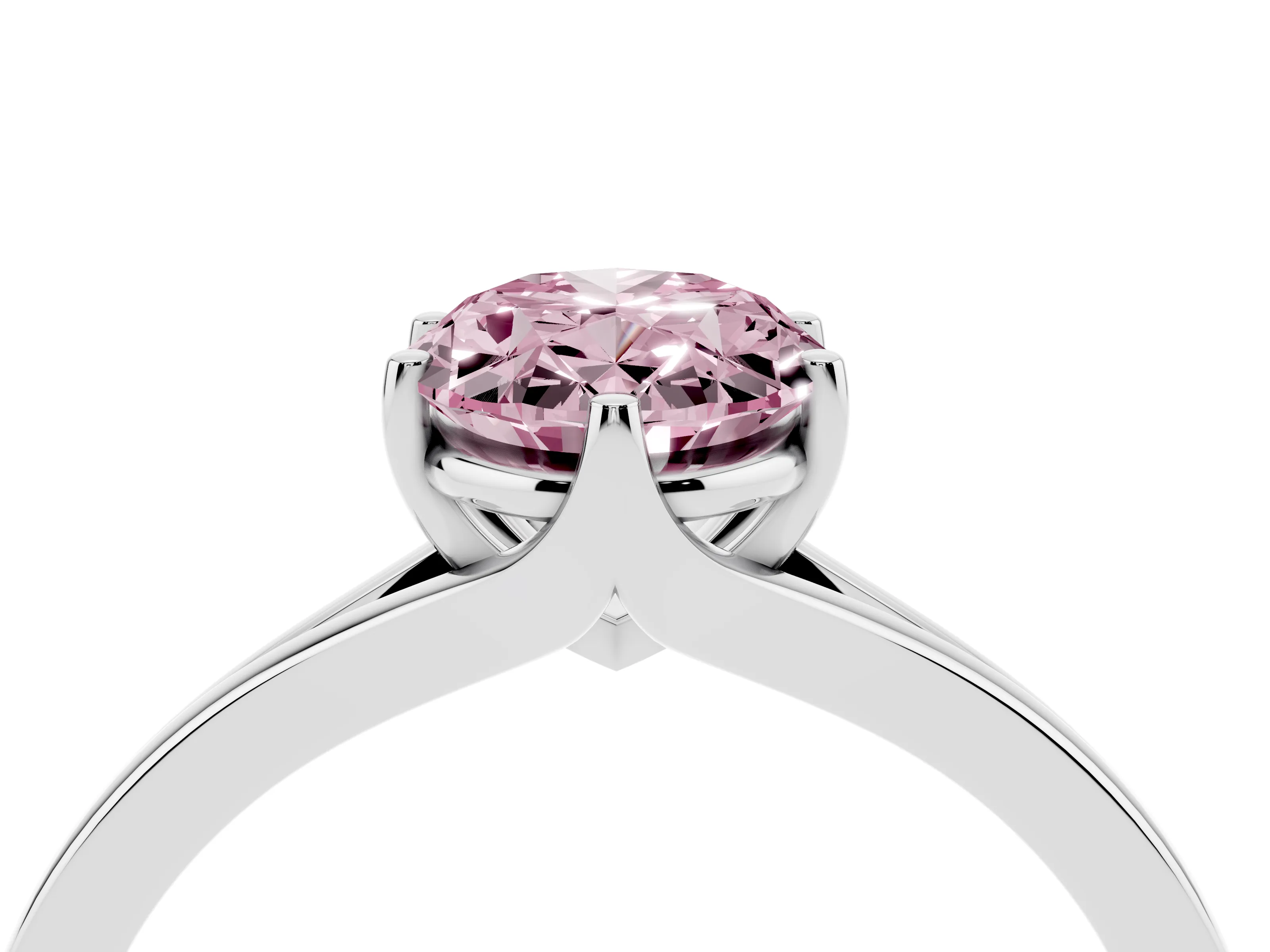 Fancy Pink Oval Cut Diamond Solitaire Ring Set in Silver with Polished Tapered Band and Prong Setting