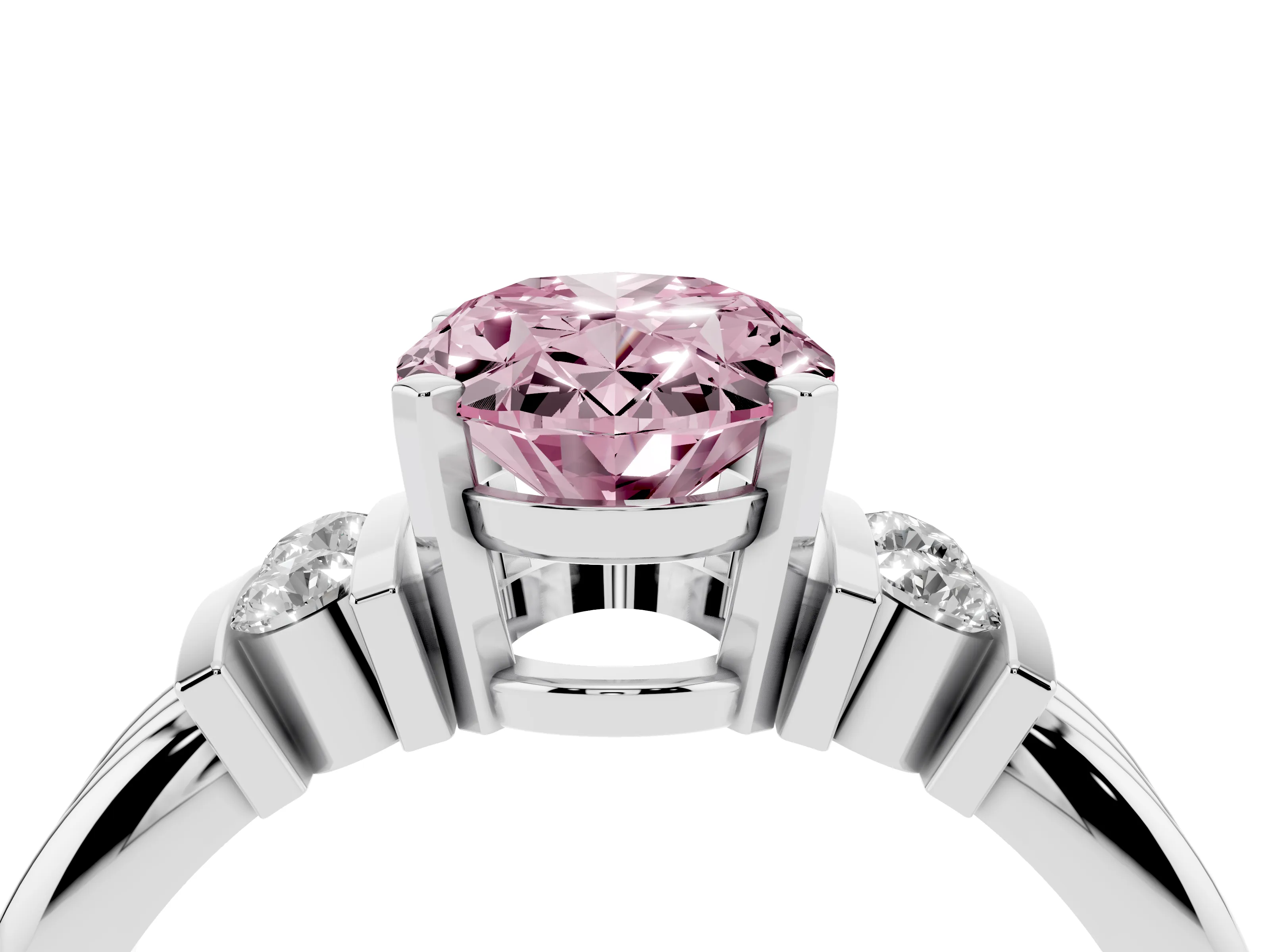 Fancy Pink Three-Stone Oval Cut Diamond Channel Set Ring Set in Platinum with Bar Prongs
