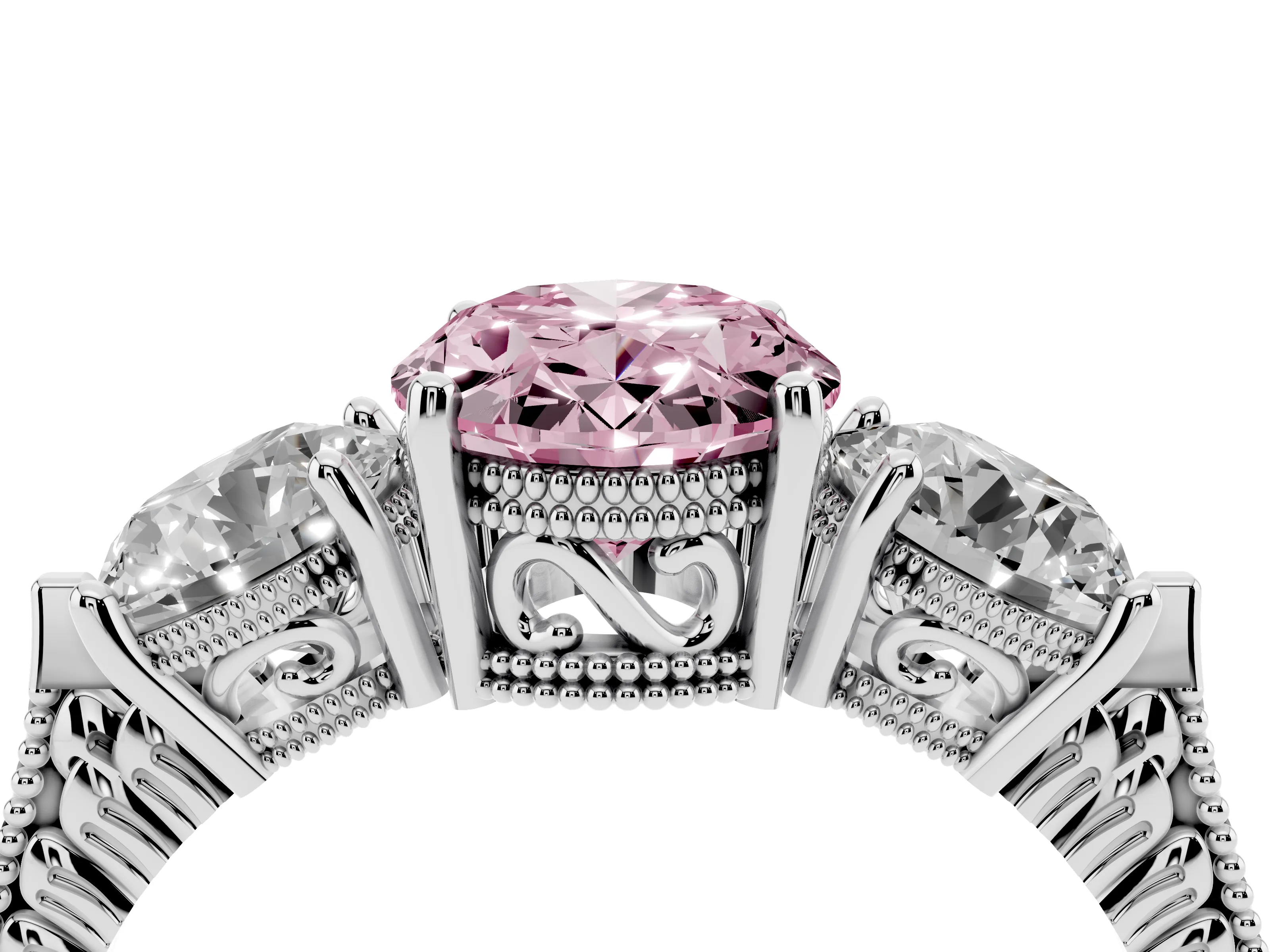 Fancy Pink Oval Cut Diamond Three-Stone Ring Set in Platinum with Milgrain Band